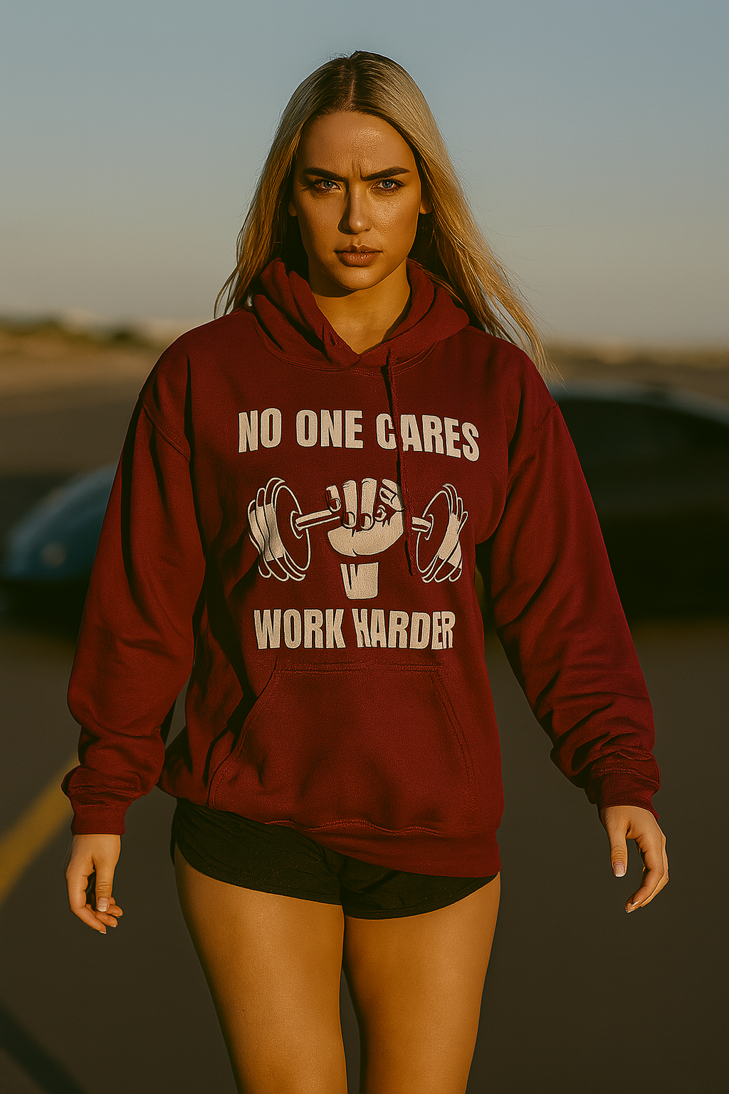 A fit young Caucasian woman with long straight blonde hair and dark skin tone wears a maroon Gildan 18500 hoodie featuring the "No One Cares, Work Harder" graphic on the chest. She is walking confidently with a fierce expression in front of a luxury supercar on a sunny morning. This fitness hoodie is tailored for athletic women who are always on the go—perfect for pilots, flight attendants, traveling nurses, and other fitness-focused professionals. Dumbbells and Hotels travel fitness apparel.

