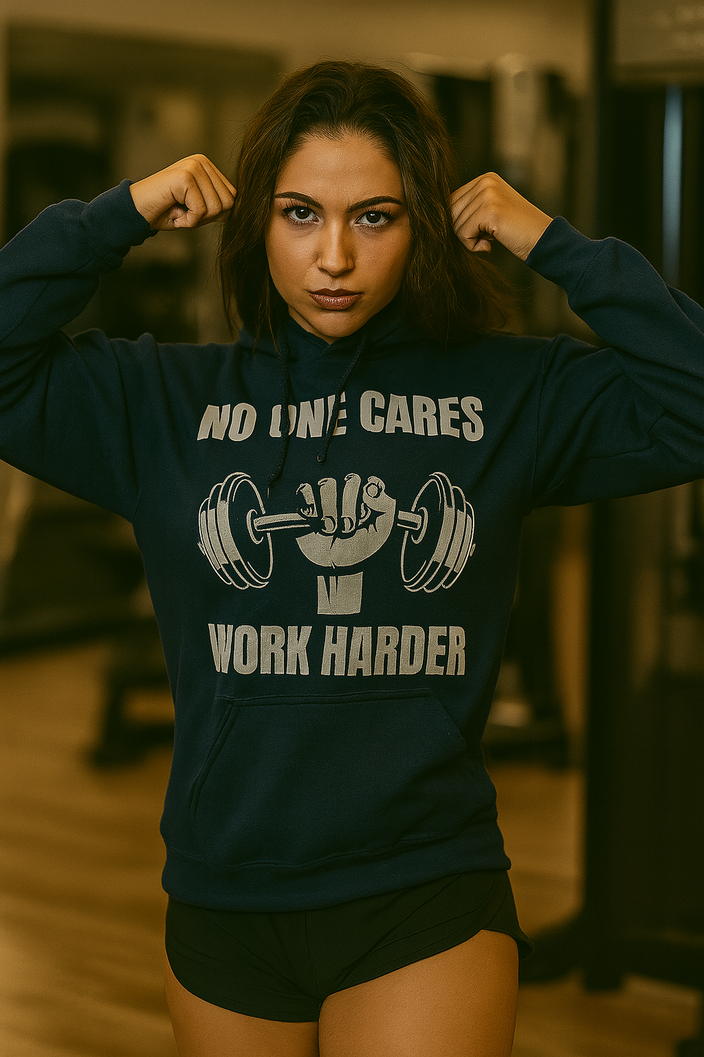 A photorealistic image of a fit young multi-ethnic woman in a navy Gildan 18500 Unisex Hoodie with the "No One Cares, Work Harder" dumbbell graphic, flex posing in a gym mirror. She has brunette wavy hair, brown eyes, medium skin tone, and a confident expression. The tailored-fit hoodie is styled with shorts, captured waist-up in dramatic directional morning light, set inside a gym interior.

