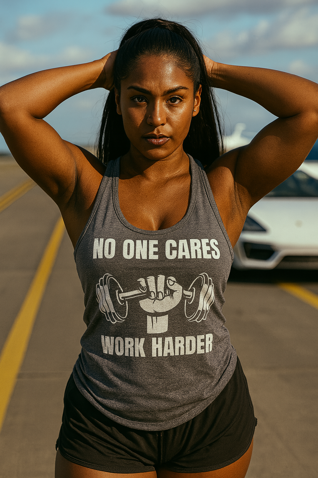 A fit Hispanic woman with long black hair and dark skin tone wearing a premium heather Next Level 6733 Ladies' Triblend Racerback Tank featuring a bold “No One Cares, Work Harder” dumbbell graphic. She stands waist-up with hands on her head in a fierce pose, set against a sunny airport runway background, showcasing fitness apparel for traveling professionals like pilots, nurses, and flight attendants.

