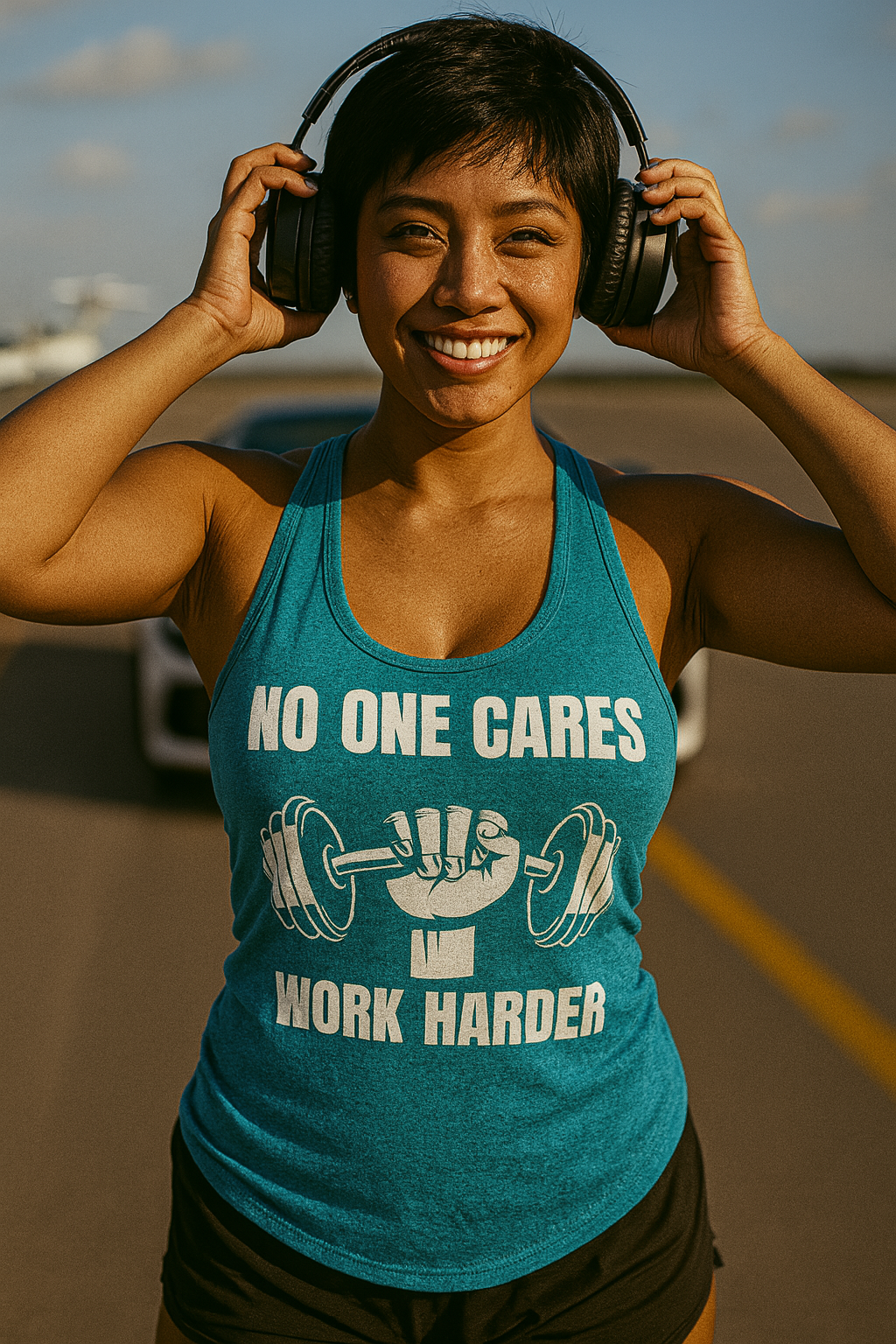 A fit asian woman with short black hair and fair skin tone wearing a vintage turquoise Next Level 6733 Ladies' Triblend Racerback Tank featuring a bold “No One Cares, Work Harder” dumbbell graphic. She stands waist-up with hands on her head in a fierce pose, set against a sunny airport runway background, showcasing fitness apparel for traveling professionals like pilots, nurses, and flight attendants.

