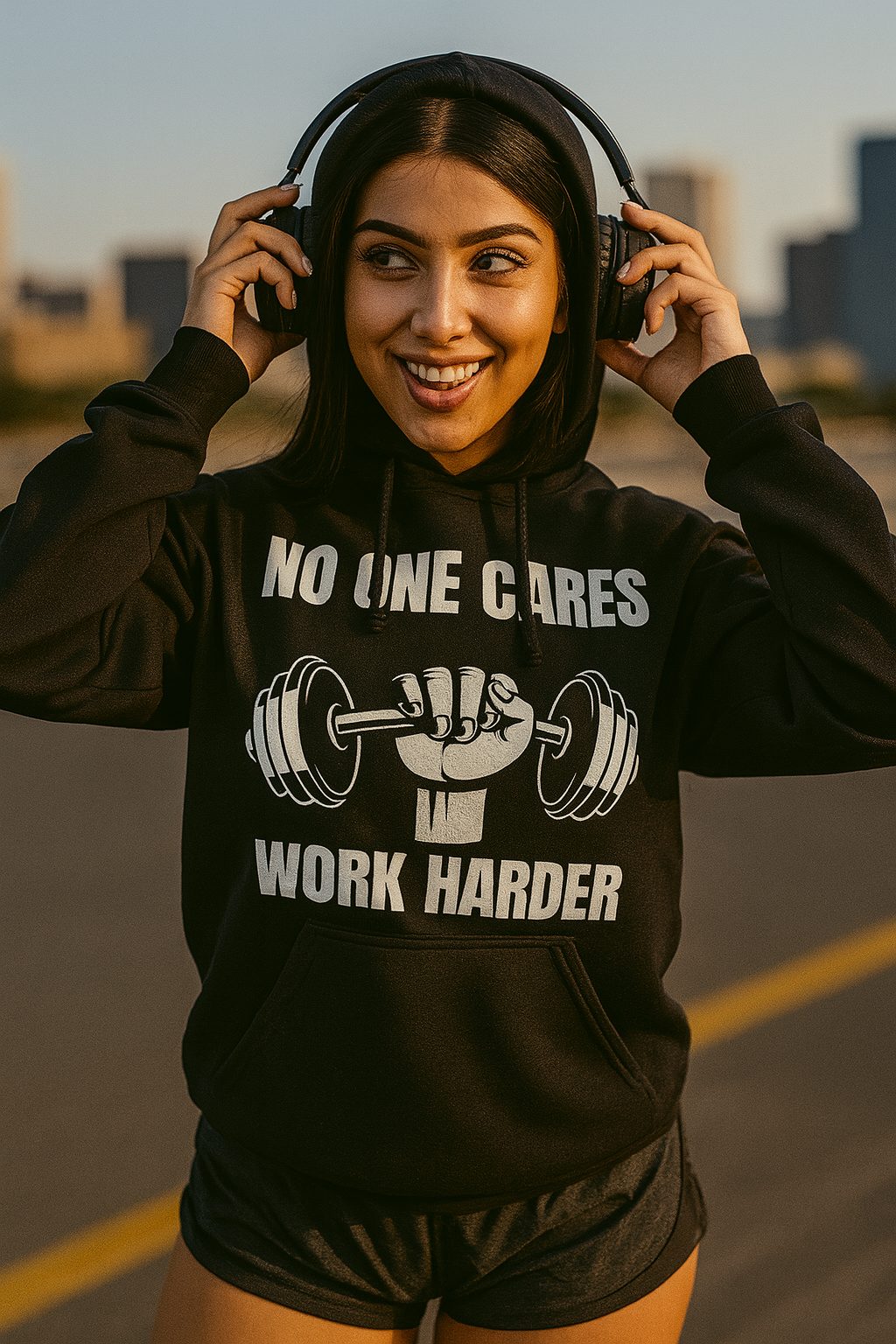 Young Middle Eastern woman wearing a black "No One Cares, Work Harder" hoodie with a white barbell graphic, smiling while putting on headphones, standing on an urban runway at sunrise — fitness apparel from Dumbbells and Hotels for traveling professionals like pilots, nurses, and flight attendants.

