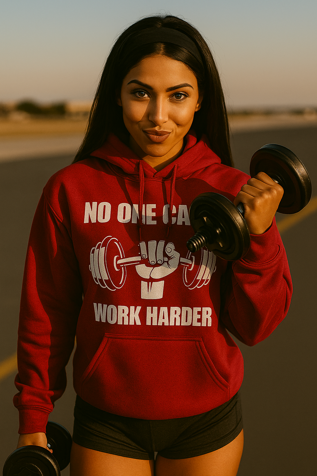 A digital photograph features a young athletic Hispanic woman on an airport runway at sunrise, wearing a red Gildan 18500 hoodie with a bold “NO ONE CARES / WORK HARDER” graphic, holding a dumbbell with a playful expression. The fitness hoodie is paired with black shorts and styled with a headband, portraying confident fitness fashion for traveling professionals.

