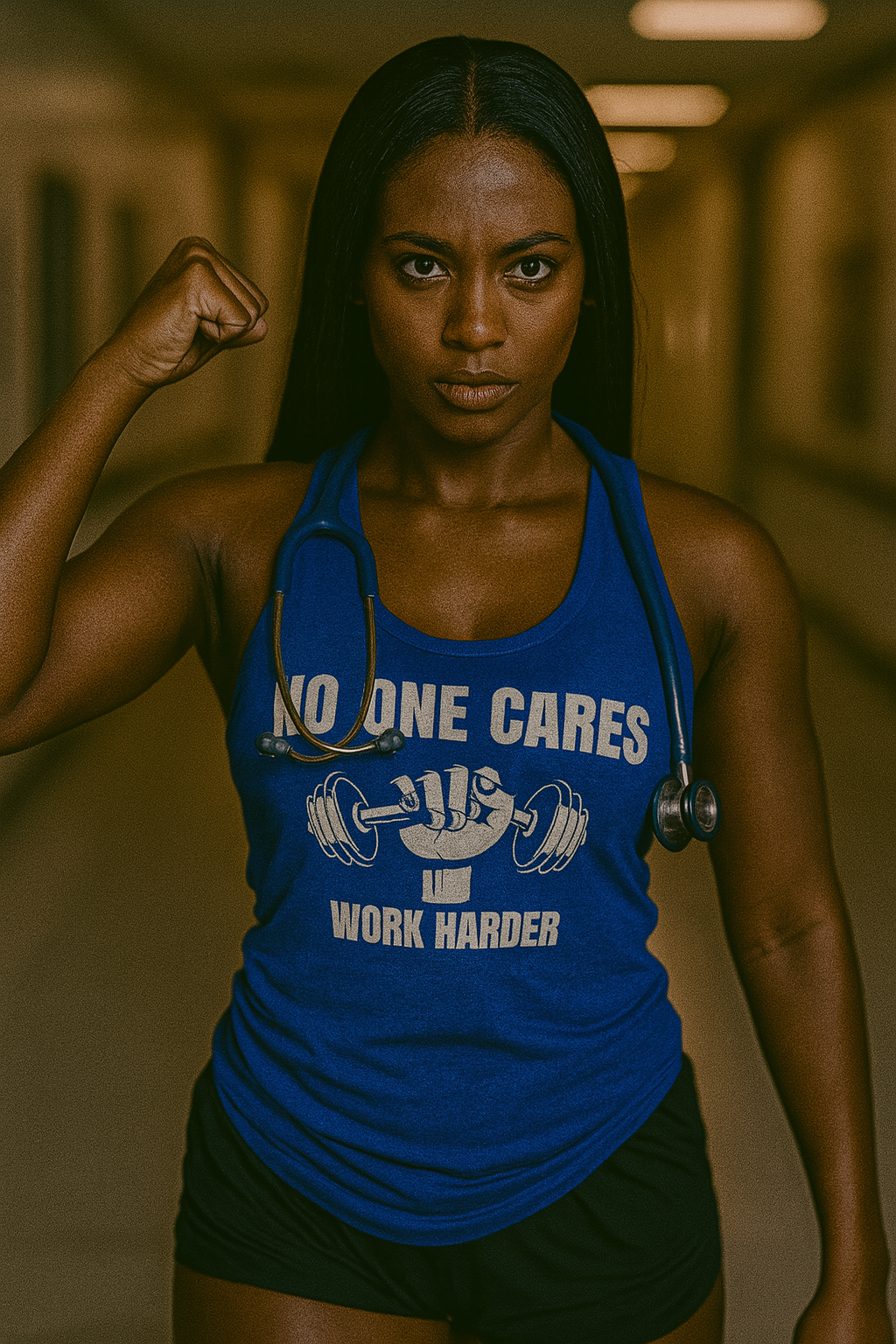 A confident young African American woman flexes in a tailored-fit vintage royal Next Level 6733 Ladies' Triblend Racerback Tank featuring the “No One Cares, Work Harder” graphic from Dumbbells and Hotels, standing in a hospital hallway with a stethoscope around her neck. Ideal fitness apparel for pilots, flight attendants, traveling nurses, and professionals on the move.

