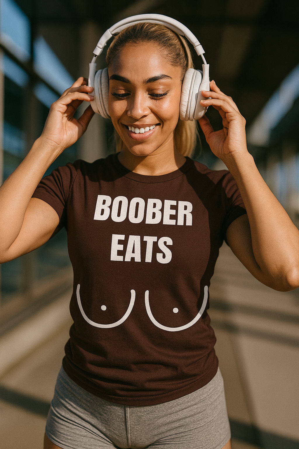 Athletic young African-American woman in a ponytail smiling while wearing a brown Bella + Canvas 3001 t-shirt that reads “Boober Eats,” standing in an airport terminal, wearing headphones; fitness apparel for traveling professionals including pilots, flight attendants, and travel nurses.

