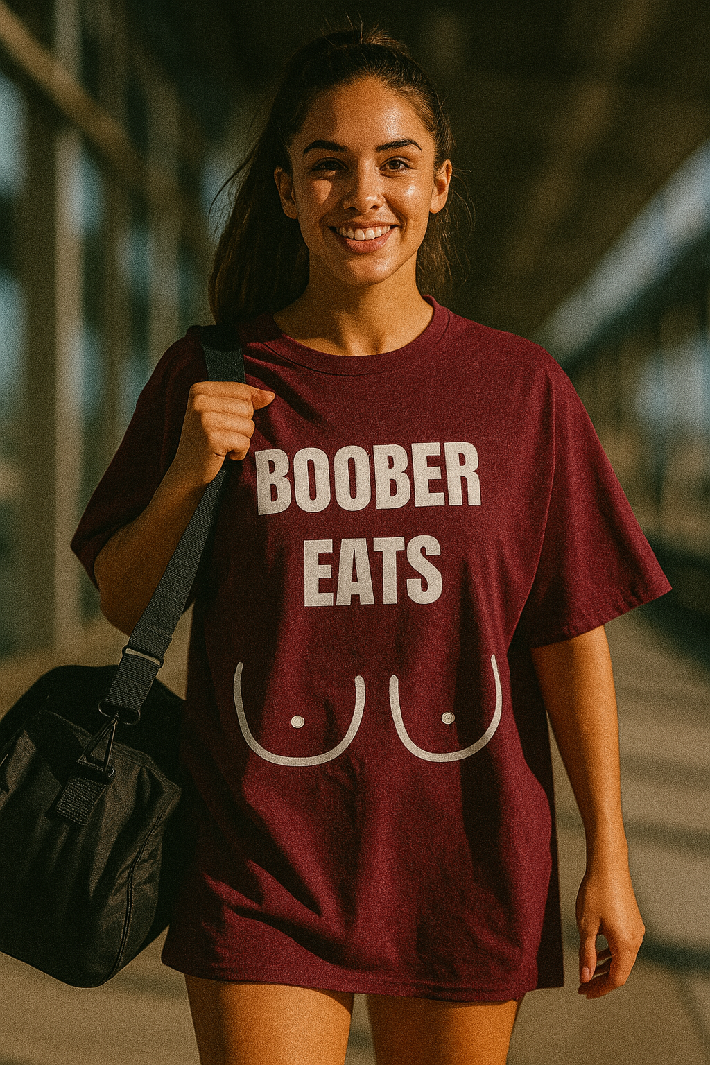 Athletic Caucasian woman with brunette hair in a ponytail carrying a duffel bag in an airport terminal while wearing an oversized maroon “Boober Eats” t-shirt; ideal travel fitness apparel for pilots, flight attendants, and travel nurses.

