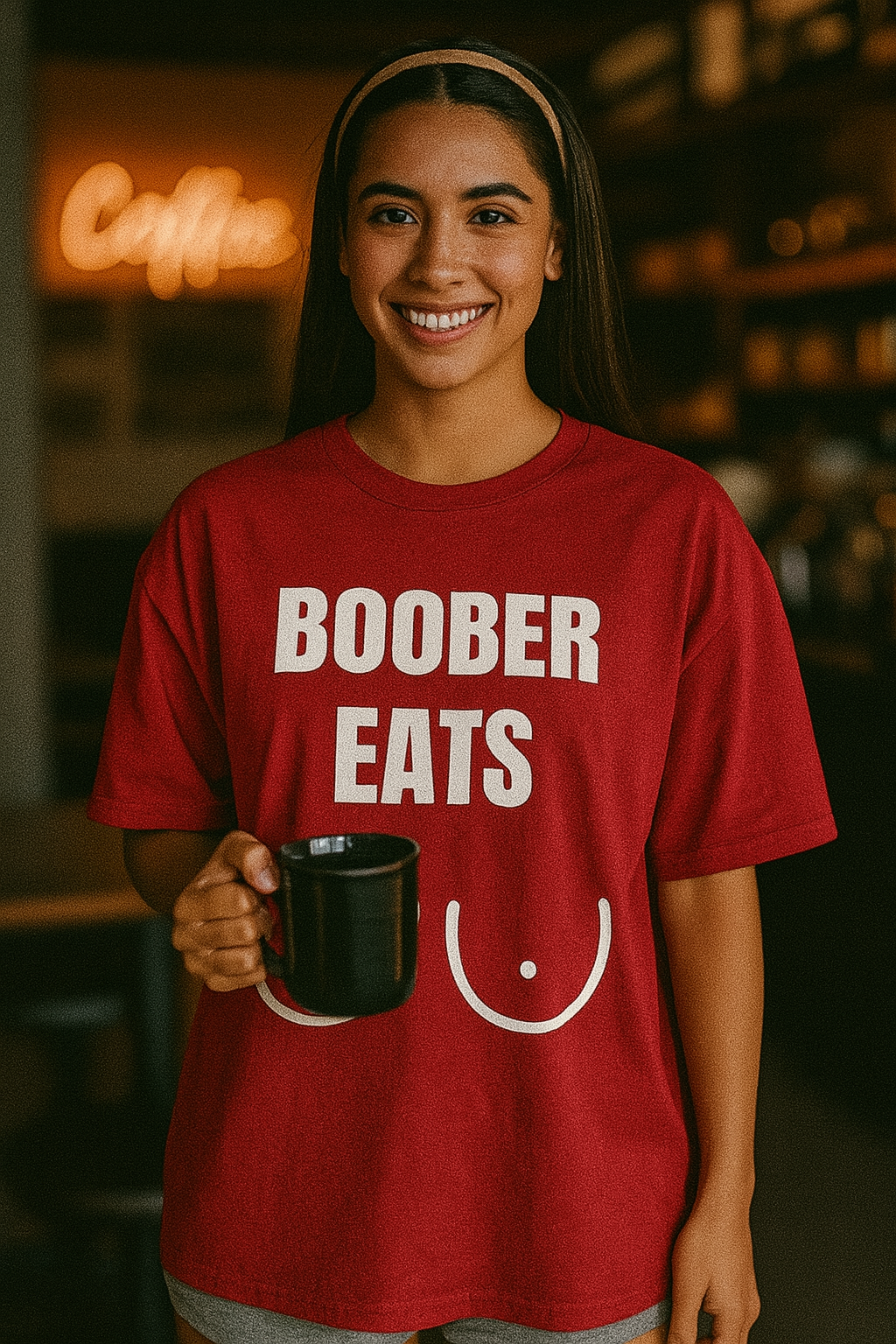 Smiling young Hispanic woman with long straight brunette hair and tan skin, wearing an oversized red “Boober Eats” t-shirt and holding a coffee mug in a cozy café setting; ideal fitness apparel for flight attendants, travel nurses, and pilots.

