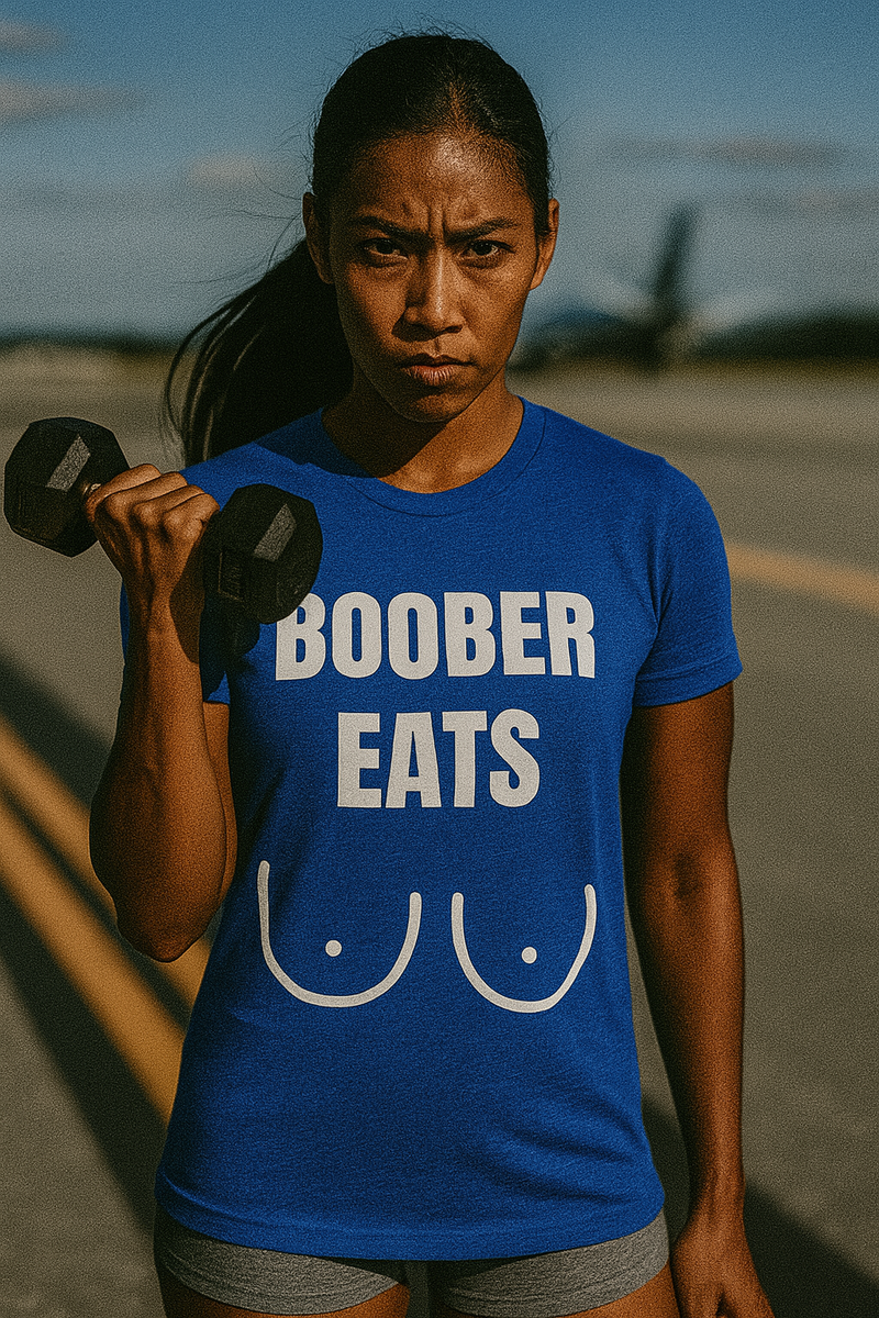 Strong Asian woman in a true royal blue “Boober Eats” t-shirt performing a dumbbell curl on an airport runway; tailored-fit athletic shirt for fitness-focused pilots, nurses, and flight attendants by Dumbbells and Hotels.

