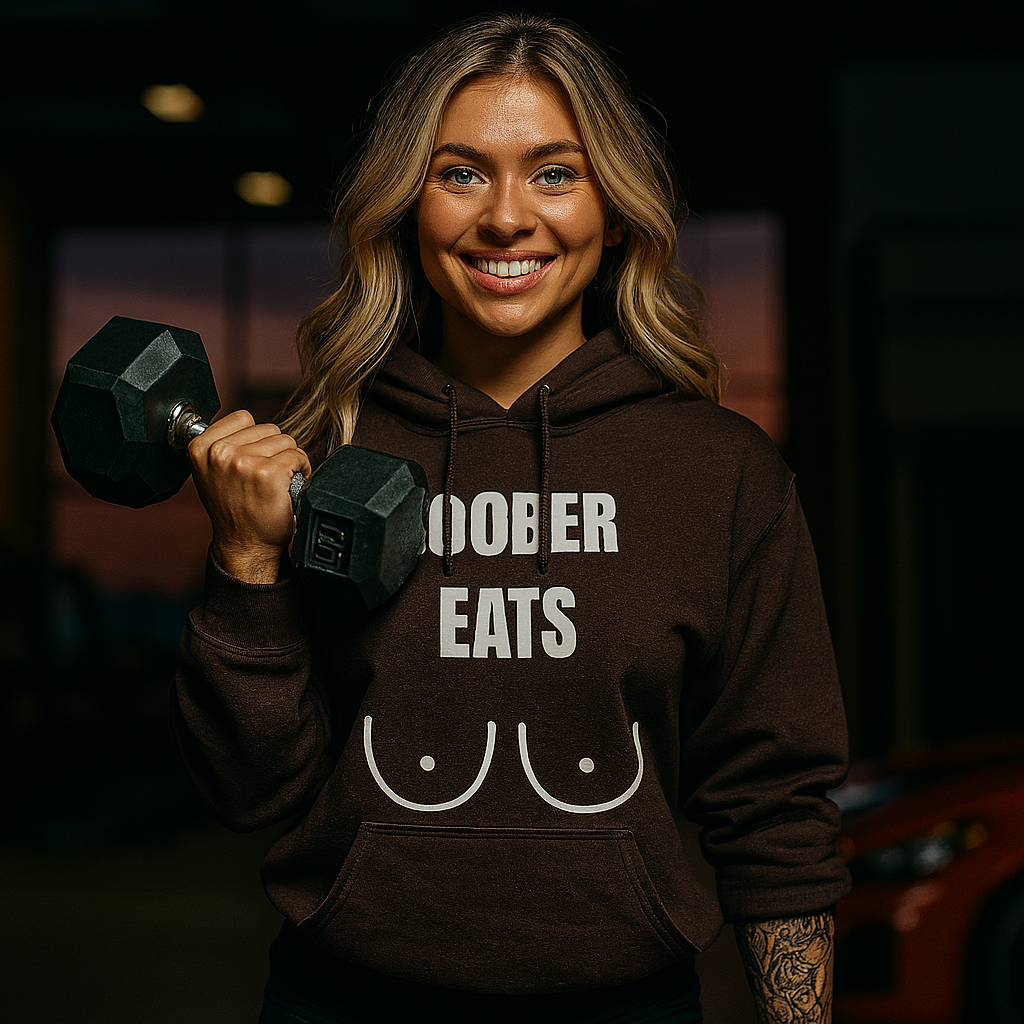 Athletic Caucasian woman (18–22) with fair skin, wavy blonde hair, and blue eyes, smiling waist-up while holding a black dumbbell in a dramatic, dimly lit gym at dusk. She sports a dark chocolate Gildan 18500 hoodie featuring the white “BOOBER EATS” graphic across the chest and sleeves tattoos peeking out, paired with black shorts.

