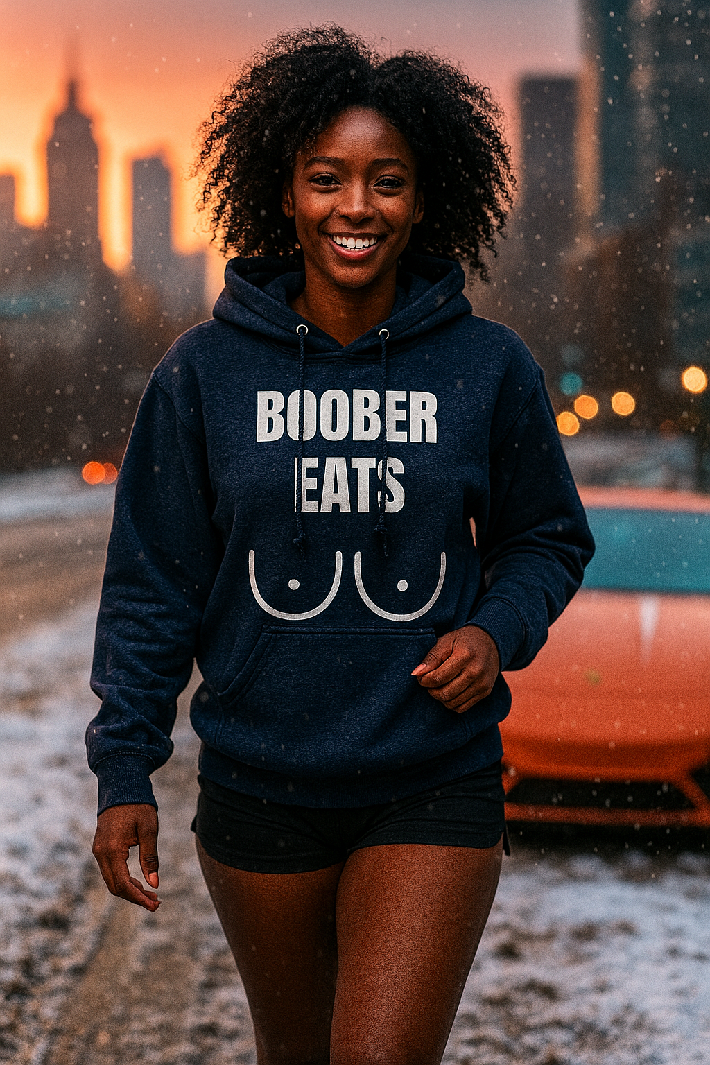 African American female athlete (18–22) with deep skin and curly black hair, smiling waist-up while walking toward the camera in a snowy cityscape at sunset, wearing a tailored-fit navy Gildan 18500 hoodie printed with “BOOBER EATS” and styled with black shorts.


