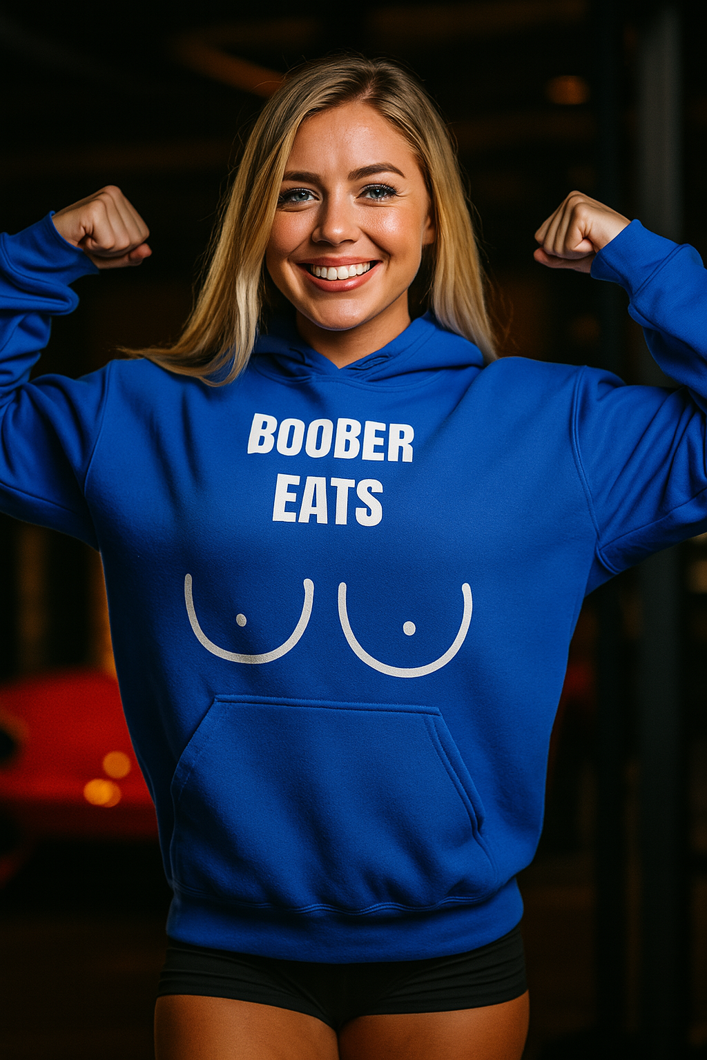 Athletic Caucasian woman (18–22) with fair skin, long straight blonde hair, and blue eyes, flexing and smiling waist-up in a dramatic gym setting at sunset. She wears an oversized royal Gildan 18500 hoodie featuring the white “BOOBER EATS” graphic across the chest, paired with black athletic shorts, highlighted by cinematic directional lighting.


