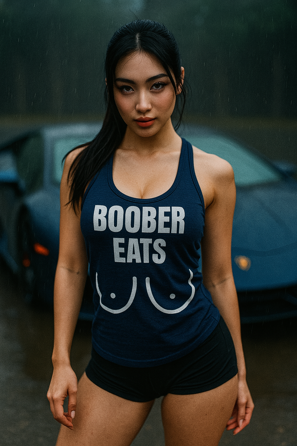 Athletic East Asian woman (18–22) with fair skin, black hair in a ponytail, and hazel eyes, wearing a navy Next Level 6733 Ladies’ Triblend Racerback Tank featuring the white “BOOBER EATS” graphic and paired with tight black workout shorts, posed waist-up in front of a navy supercar on a rainy morning under dramatic lighting.


