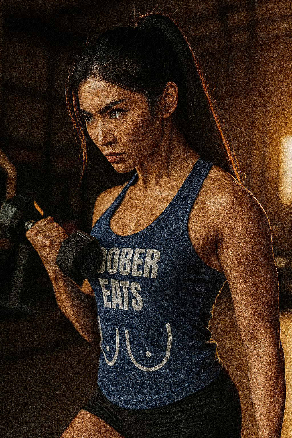 Profile waist-up of an athletic Asian woman (18–22) with fair skin, black ponytail, and hazel eyes performing a mid-curl in a dramatic golden-hour gym setting, wearing an indigo Next Level 6733 triblend racerback tank with the “BOOBER EATS” graphic, paired with black shorts.


