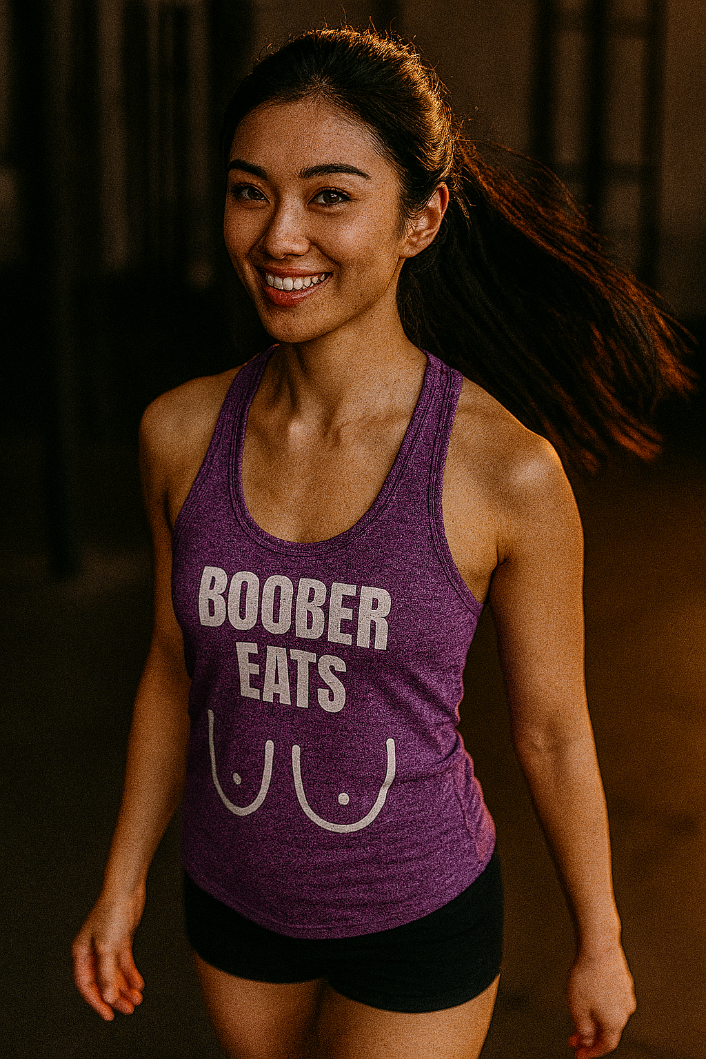 Waist-up profile of a smiling Asian woman (18–22) with fair skin, long black hair flowing, and hazel eyes, walking toward the camera in a warehouse-style gym at golden hour, wearing a slim-fit purple rush Next Level 6733 triblend racerback tank featuring the white “BOOBER EATS” graphic, paired with tight black shorts.

