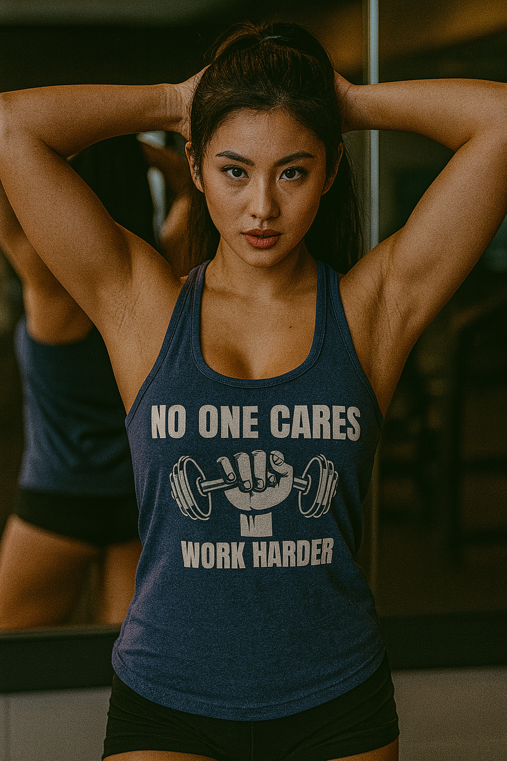 Fit young Asian woman with long black hair in a ponytail, wearing an indigo “No One Cares, Work Harder” racerback tank in front of a gym mirror, hands resting on her head with a confident expression; premium fitness apparel for traveling nurses, pilots, and flight attendants.

