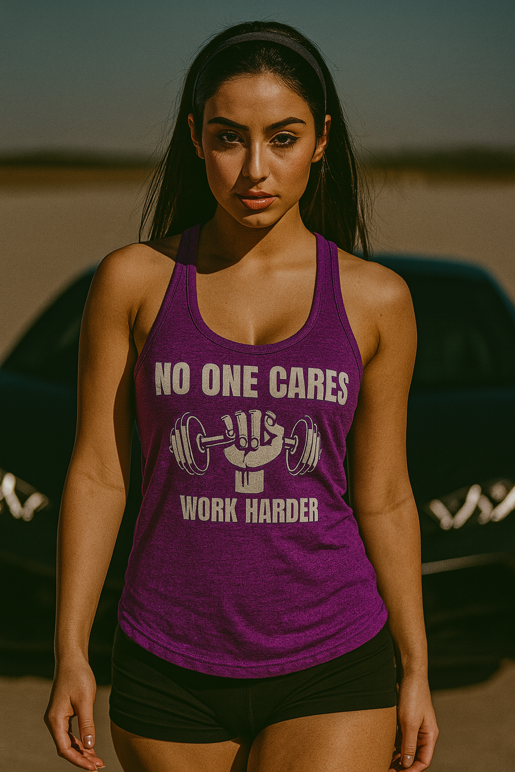 Young Middle Eastern woman with long black hair and a headband walking toward the camera in front of a luxury supercar, wearing a purple rush racerback tank top with the slogan “No One Cares, Work Harder”; ideal motivational fitness apparel for pilots, flight attendants, and traveling nurses.

