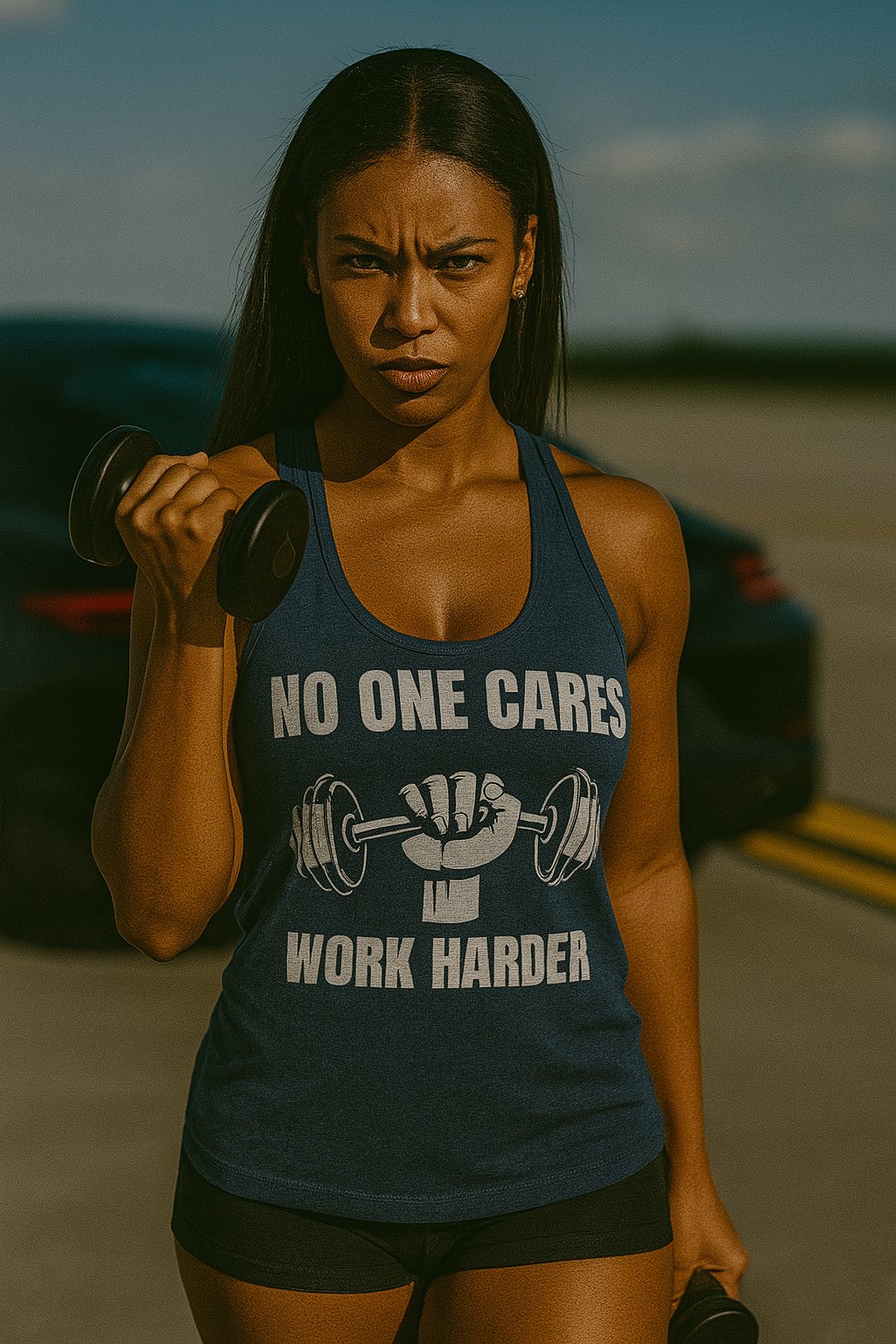 Fierce African American woman in a vintage navy “No One Cares, Work Harder” racerback tank curling a dumbbell on an airport runway in front of a Porsche; fitness apparel for traveling professionals like nurses, flight attendants, and pilots.

