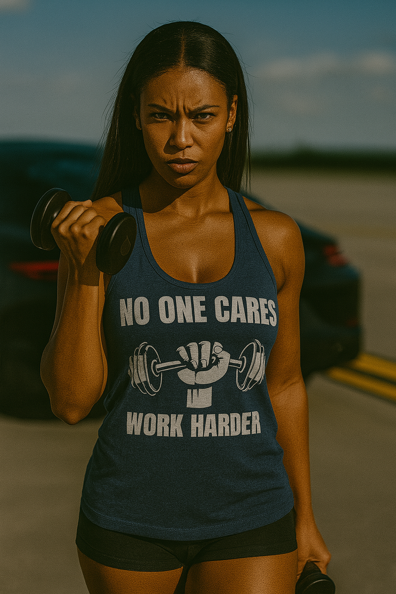 Fierce African American woman in a vintage navy “No One Cares, Work Harder” racerback tank curling a dumbbell on an airport runway in front of a Porsche; fitness apparel for traveling professionals like nurses, flight attendants, and pilots.

