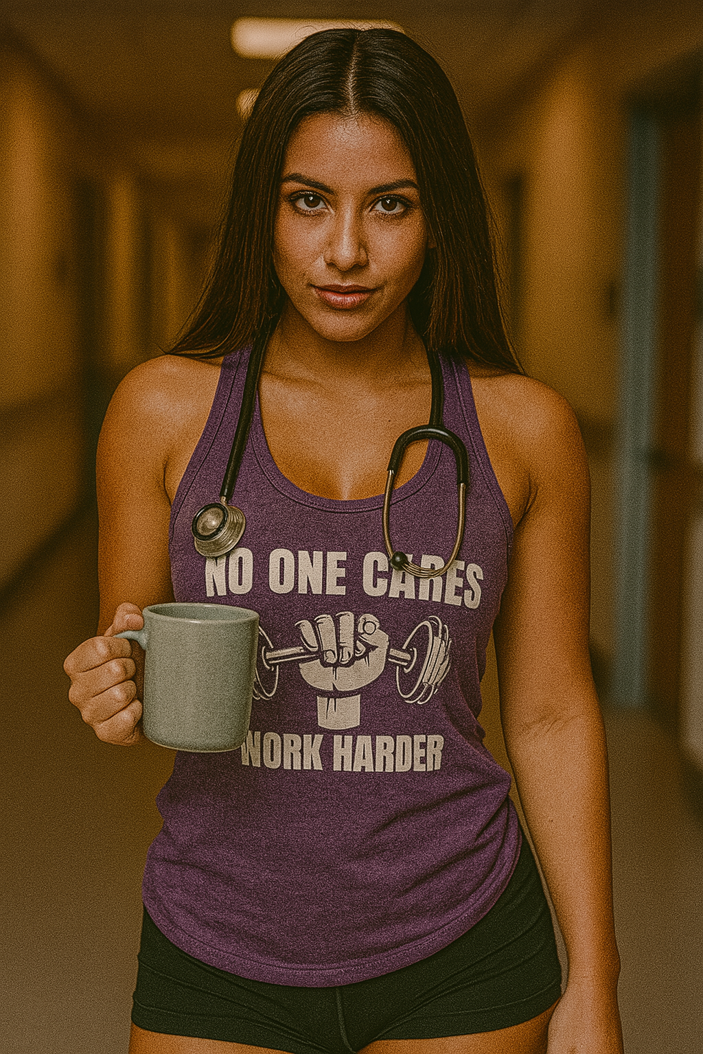Young Hispanic woman with tan skin and long brunette hair wearing a vintage purple “No One Cares, Work Harder” racerback tank, holding a coffee mug in a hospital hallway with a stethoscope around her neck; ideal motivational fitness apparel for traveling nurses and medical professionals.

