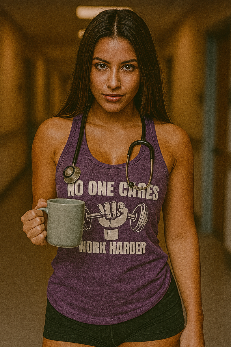 Young Hispanic woman with tan skin and long brunette hair wearing a vintage purple “No One Cares, Work Harder” racerback tank, holding a coffee mug in a hospital hallway with a stethoscope around her neck; ideal motivational fitness apparel for traveling nurses and medical professionals.

