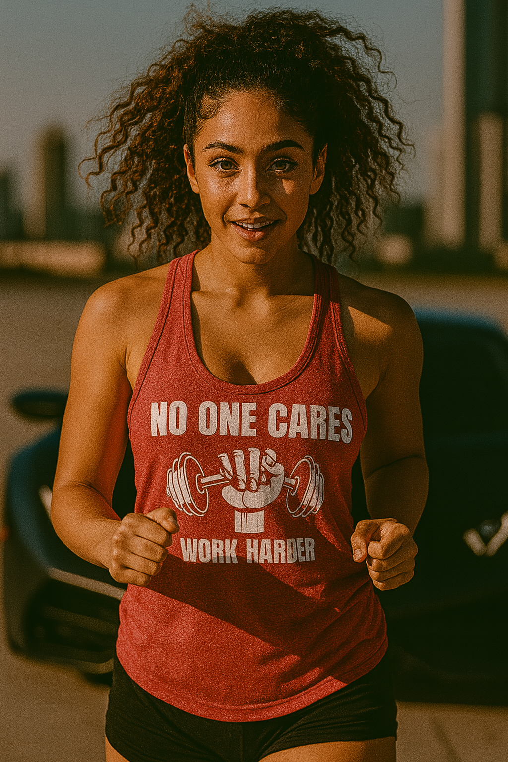 Young multi-ethnic woman with curly brown hair and a headband walking toward the camera in front of a luxury supercar, wearing a purple rush racerback tank top with the slogan “No One Cares, Work Harder”; ideal motivational fitness apparel for pilots, flight attendants, and traveling nurses.

