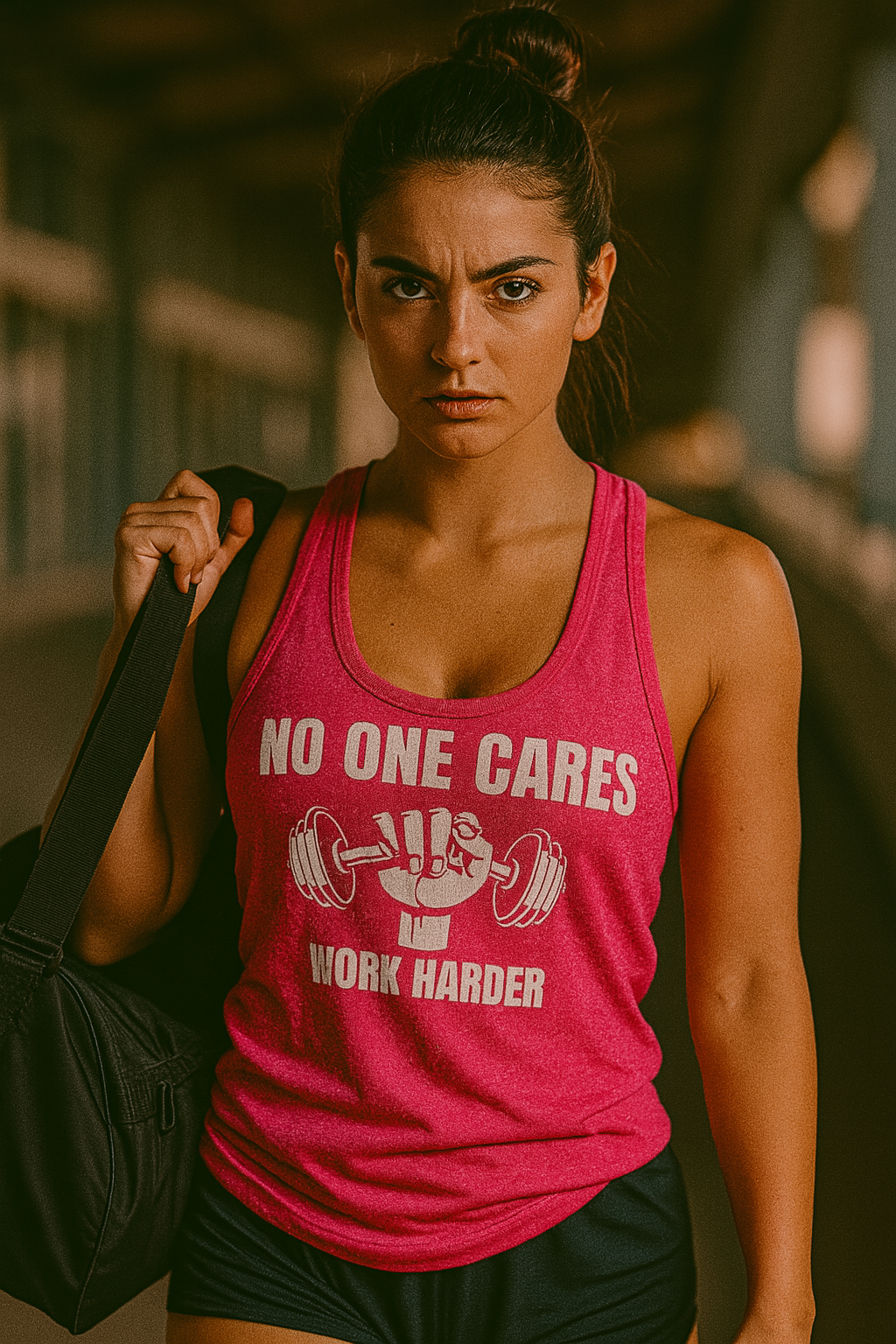 Young Caucasian woman with long brown hair and a headband walking toward the camera in front of a luxury supercar, wearing a vintage shocking pink racerback tank top with the slogan “No One Cares, Work Harder”; ideal motivational fitness apparel for pilots, flight attendants, and traveling nurses.


