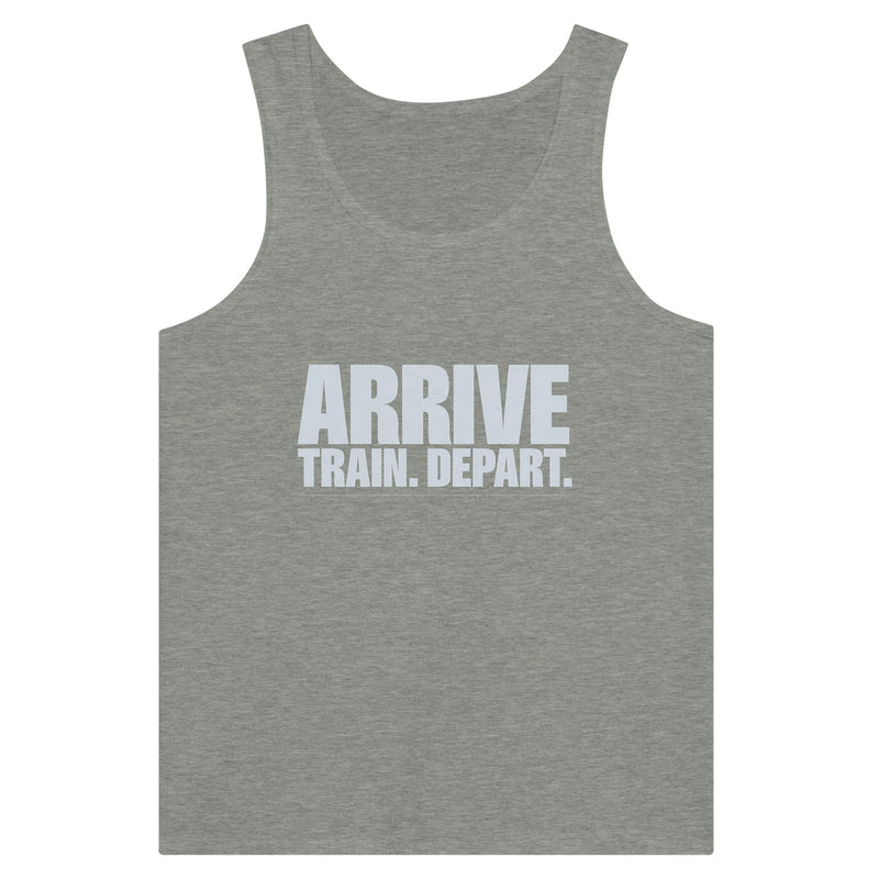 Arrive. Train. Depart. Tank | Dumbbells & Hotels - Arrive. Train. Depart. design, tank product photo