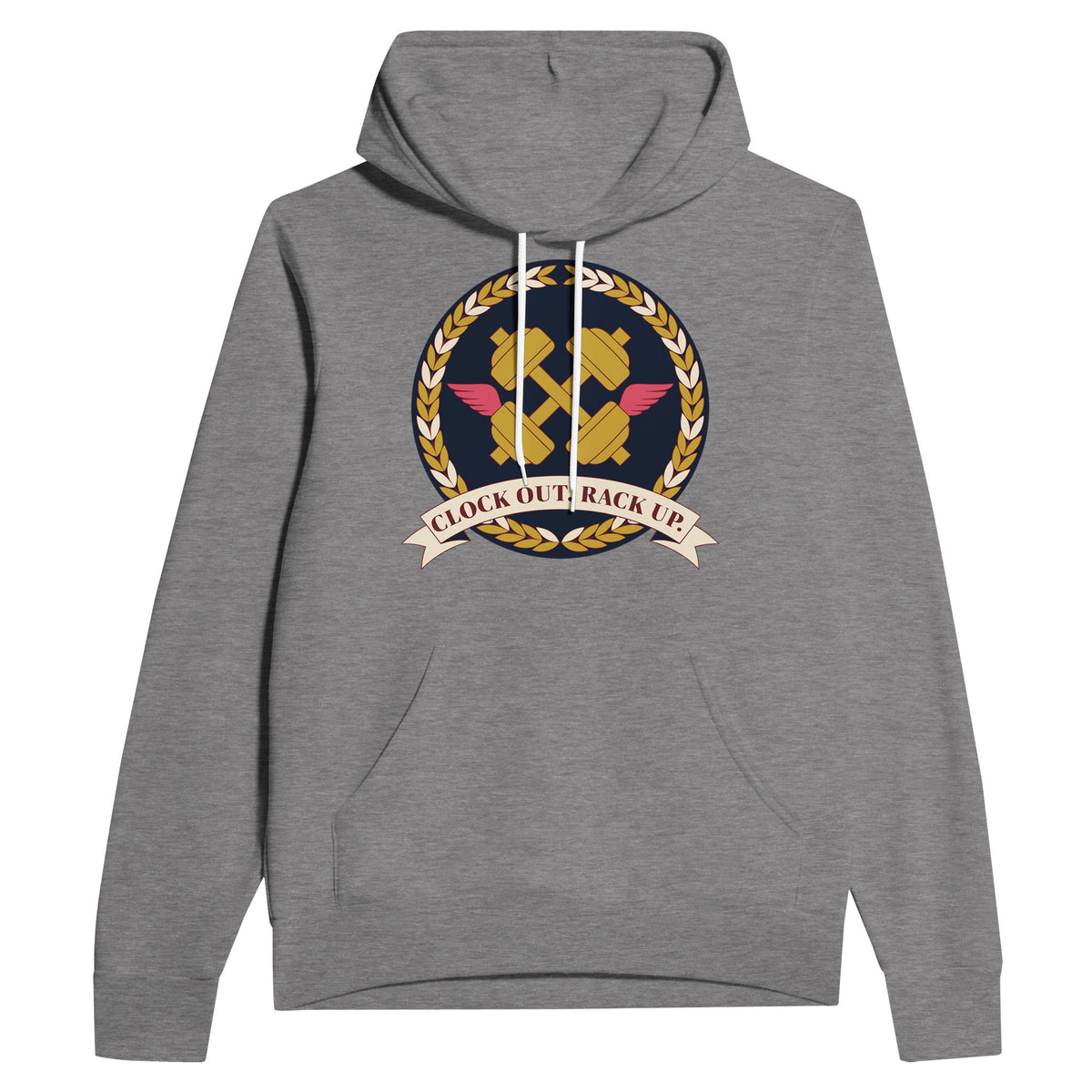 Clock Out. Rack Up. crest design on a Dumbbells and Hotels unisex pullover hoodie