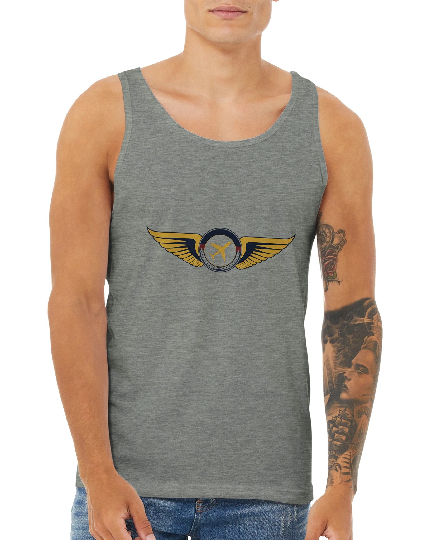 Aviator Wings unisex premium travel tank top, detail view 17 — Dumbbells & Hotels