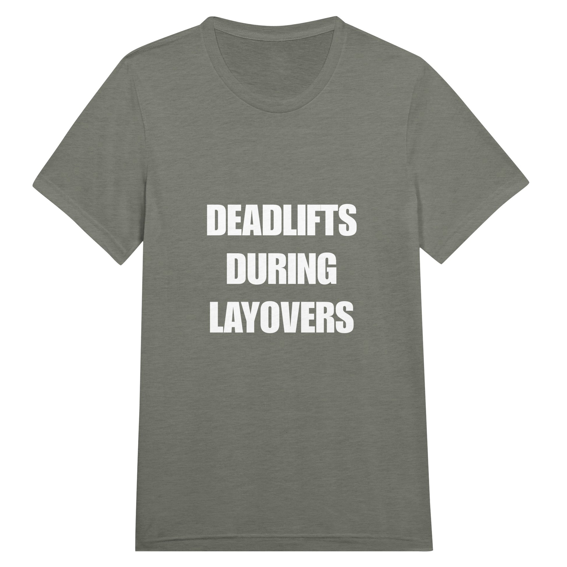 Deadlifts During Layovers travel workout tee — flight-tested travel fitness apparel for the road warrior | Dumbbells & Hotels