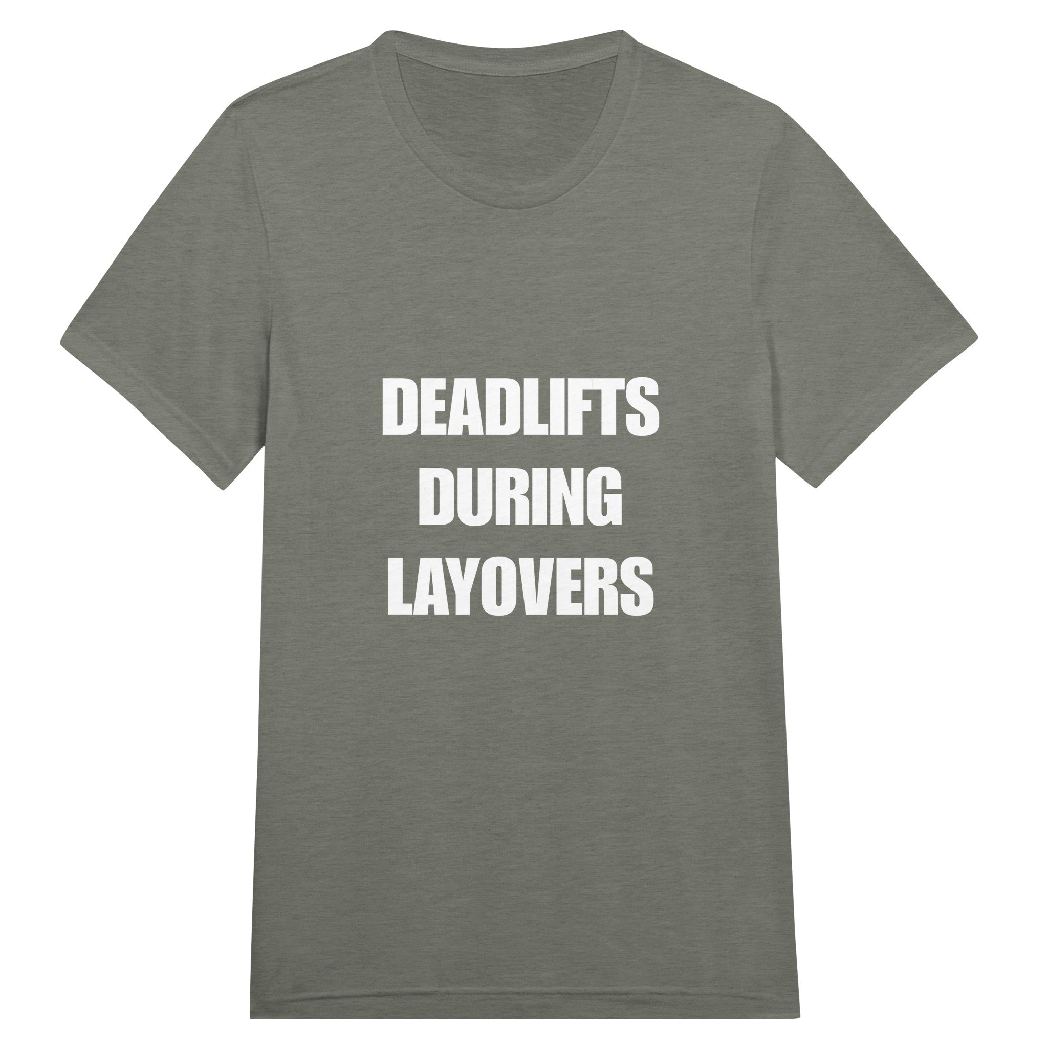 Deadlifts During Layovers travel workout tee — flight-tested travel fitness apparel for the road warrior | Dumbbells & Hotels