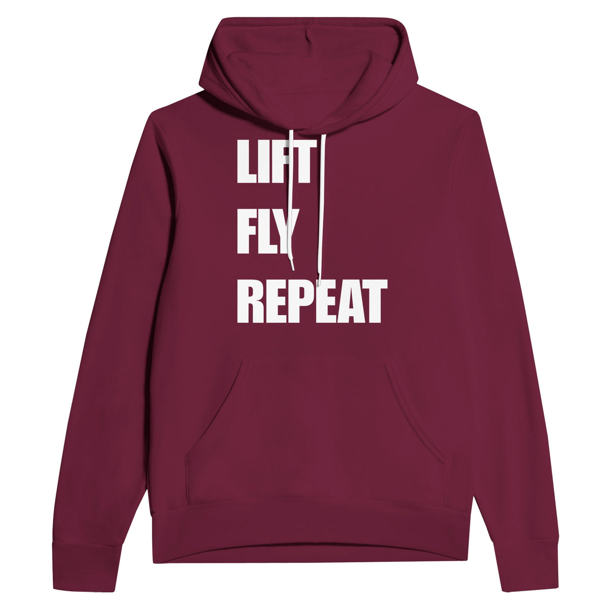 Lift Fly Repeat unisex pullover hoodie for travelling professionals, printed with a laurel-wreath crest with crossed dumbbells, aviator wings and a LIFT. FLY. REPEAT. ribbon — product photo 8 of 12