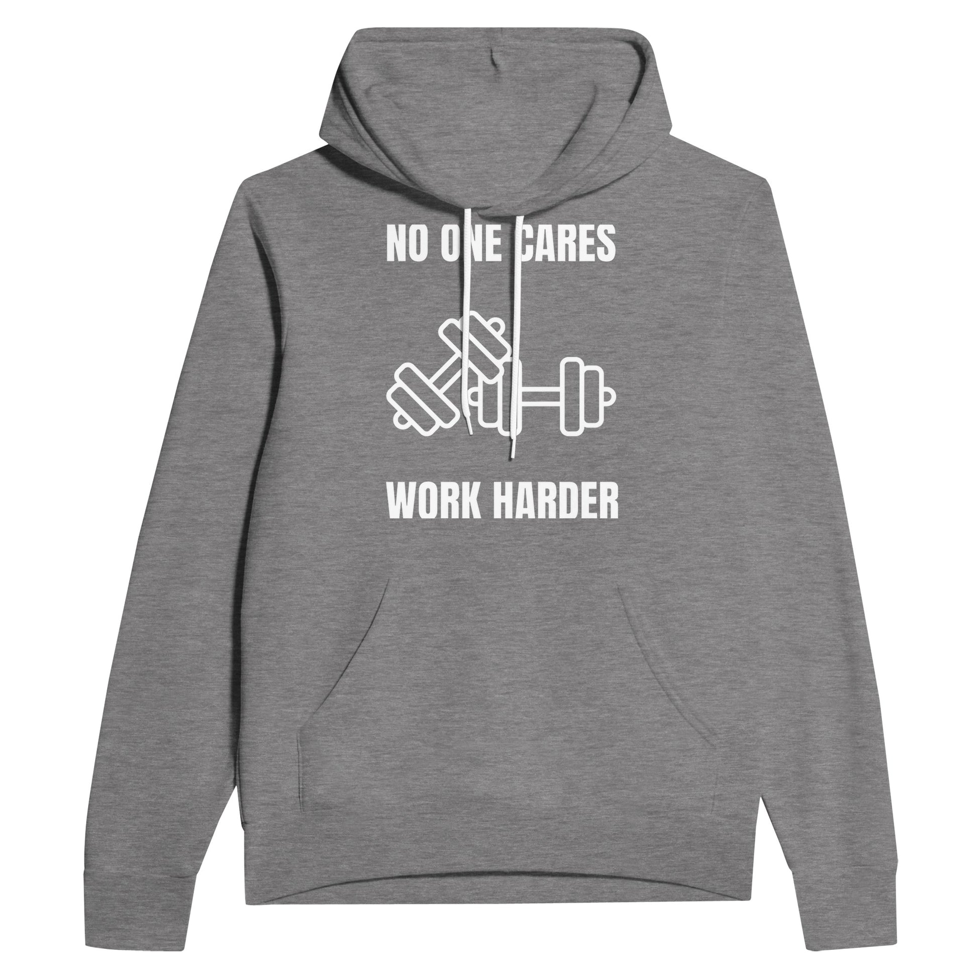 No One Cares. Work Harder sponge fleece hoodie, dark edition — wrinkle-resistant, flight-tested for hotel gyms and layovers | Dumbbells & Hotels