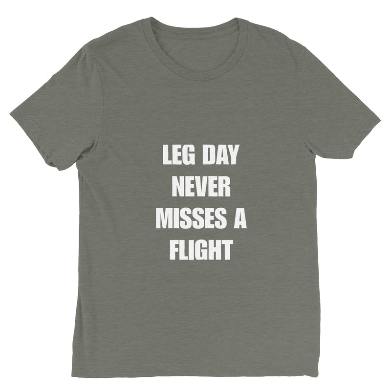 Leg Day Never Misses a Flight unisex triblend tee for travelling professionals, printed with a laurel-wreath crest with crossed dumbbells, aviator wings and a LEG DAY NEVER MISSES A FLIGHT ribbon — product photo 16 of 19