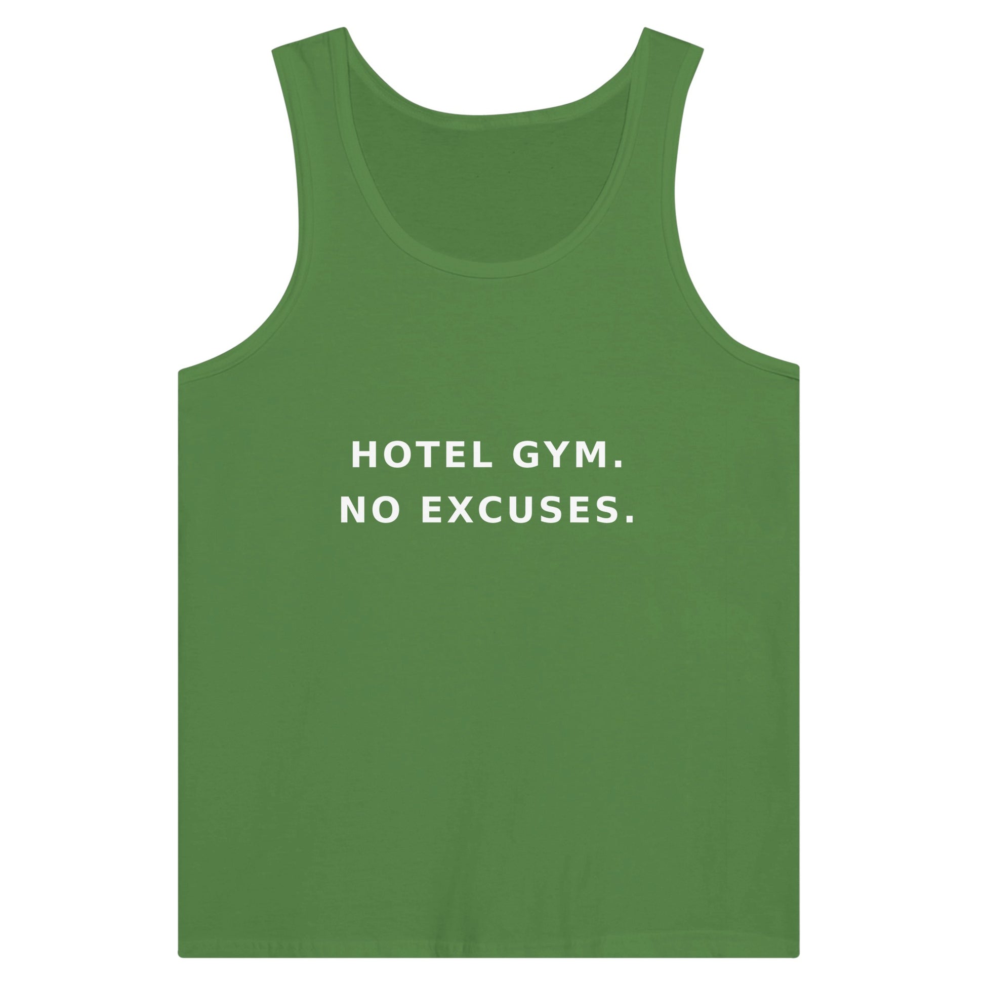 men's premium travel tank with white Hotel Gym. No Excuses. statement print for hotel gym sessions