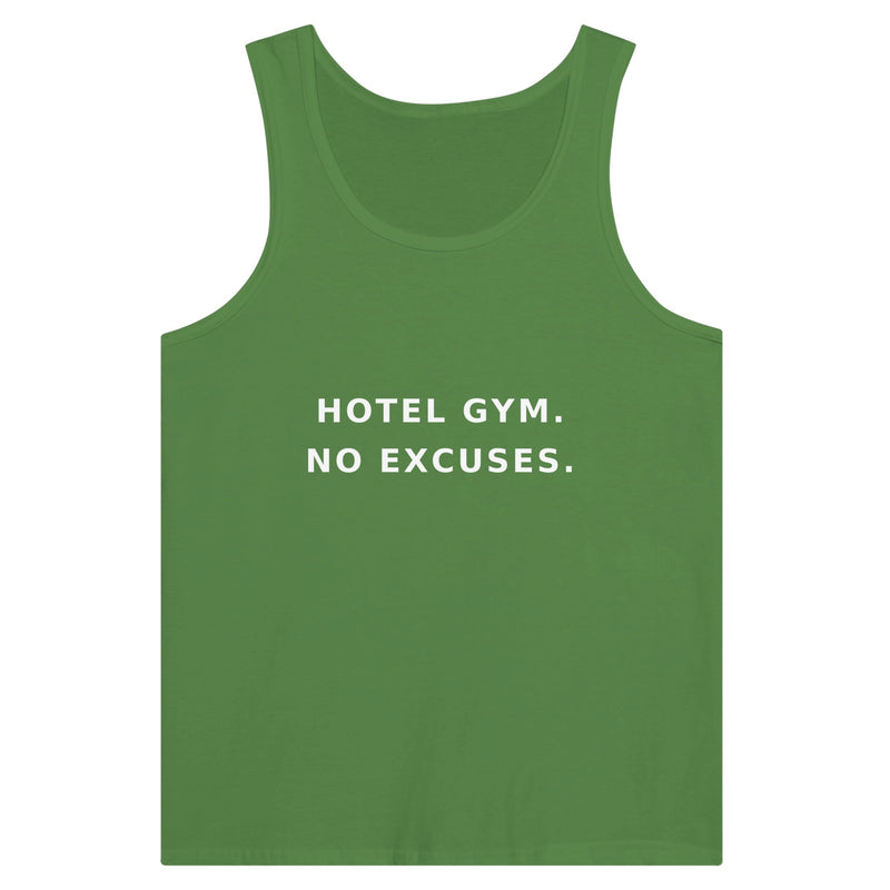 men's premium travel tank with white Hotel Gym. No Excuses. statement print for hotel gym sessions