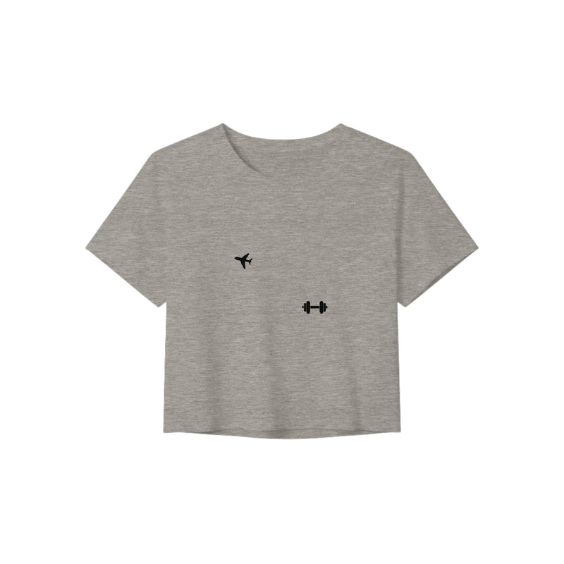 Boardroom Bound Body women's travel crop tee by Dumbbells & Hotels — view 1