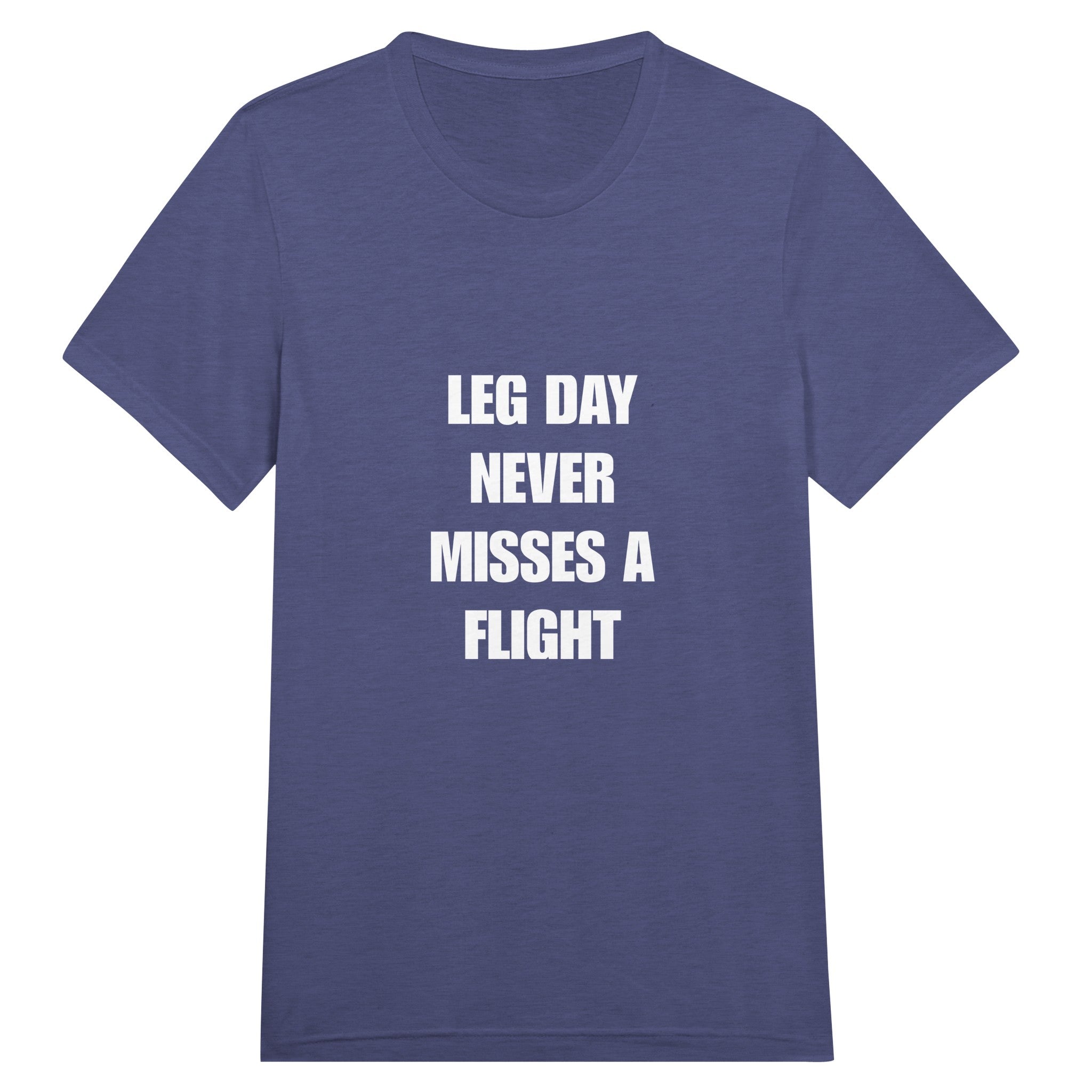 Leg Day Never Misses a Flight unisex triblend tee for travelling professionals, printed with a laurel-wreath crest with crossed dumbbells, aviator wings and a LEG DAY NEVER MISSES A FLIGHT ribbon — product photo 2 of 19