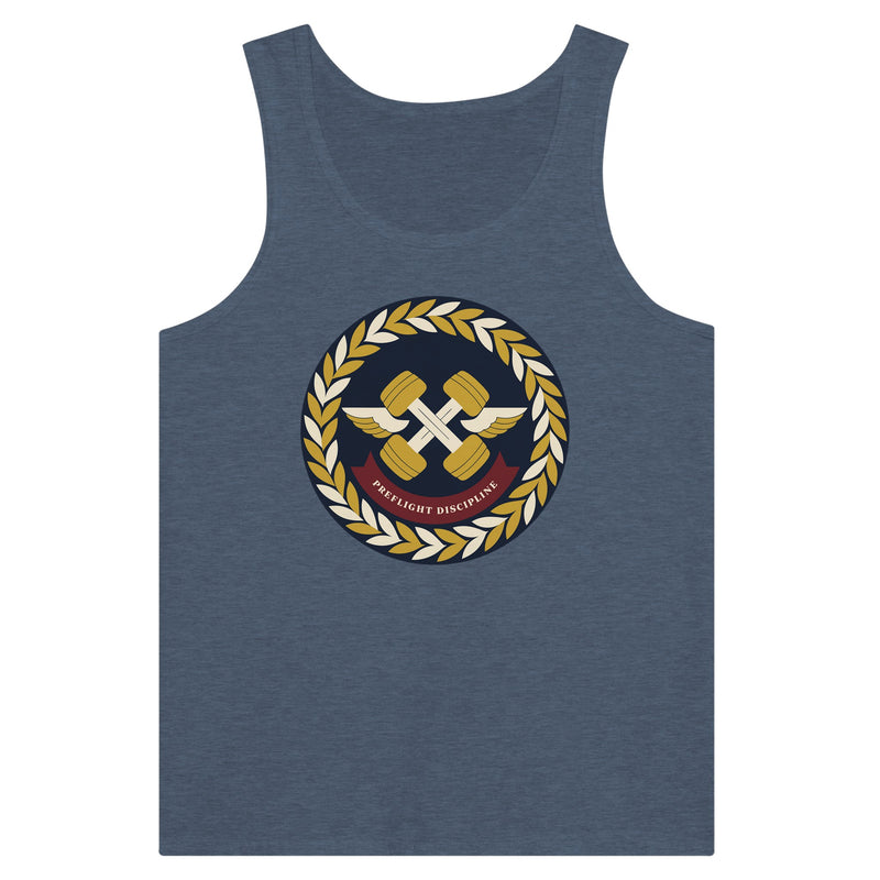 Preflight Discipline unisex tank top for travelling professionals, printed with a laurel-wreath crest with crossed dumbbells, aviator wings and a PREFLIGHT DISCIPLINE banner — product photo 14 of 18