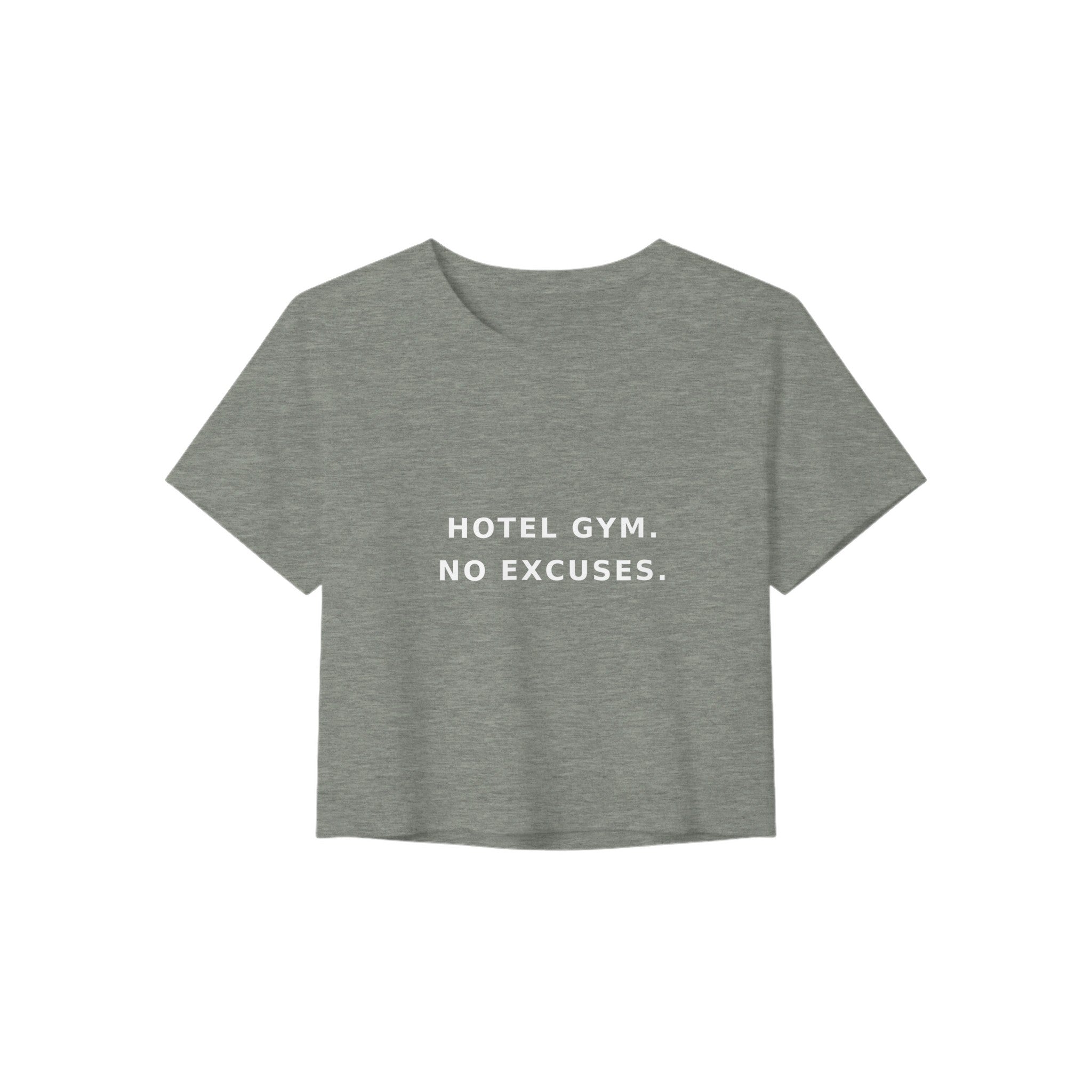 women's flowy travel crop tee with white Hotel Gym. No Excuses. statement print