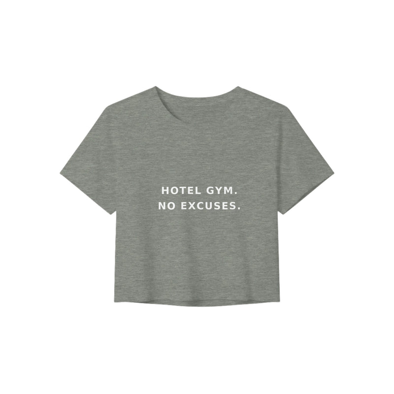 women's flowy travel crop tee with white Hotel Gym. No Excuses. statement print
