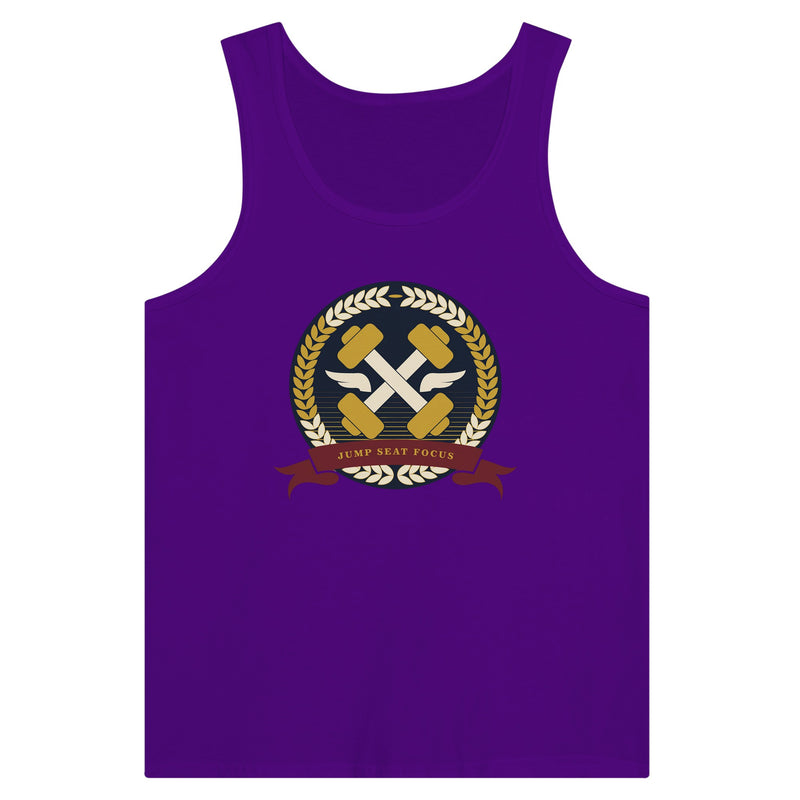 Dumbbells & Hotels unisex tank top with the Jump Seat Focus crest (gold laurel ring, crossed dumbbells over aviator wings, burgundy ribbon) - product shot 9 of 18