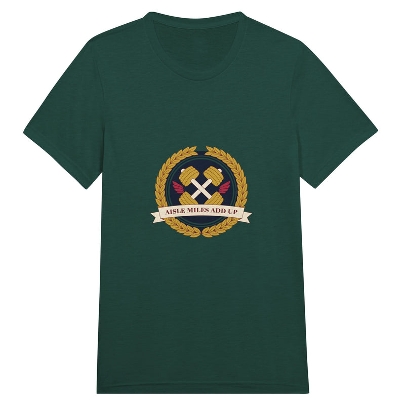Aisle Miles Add Up frequent flyer travel tee, detail view 3 — Dumbbells & Hotels