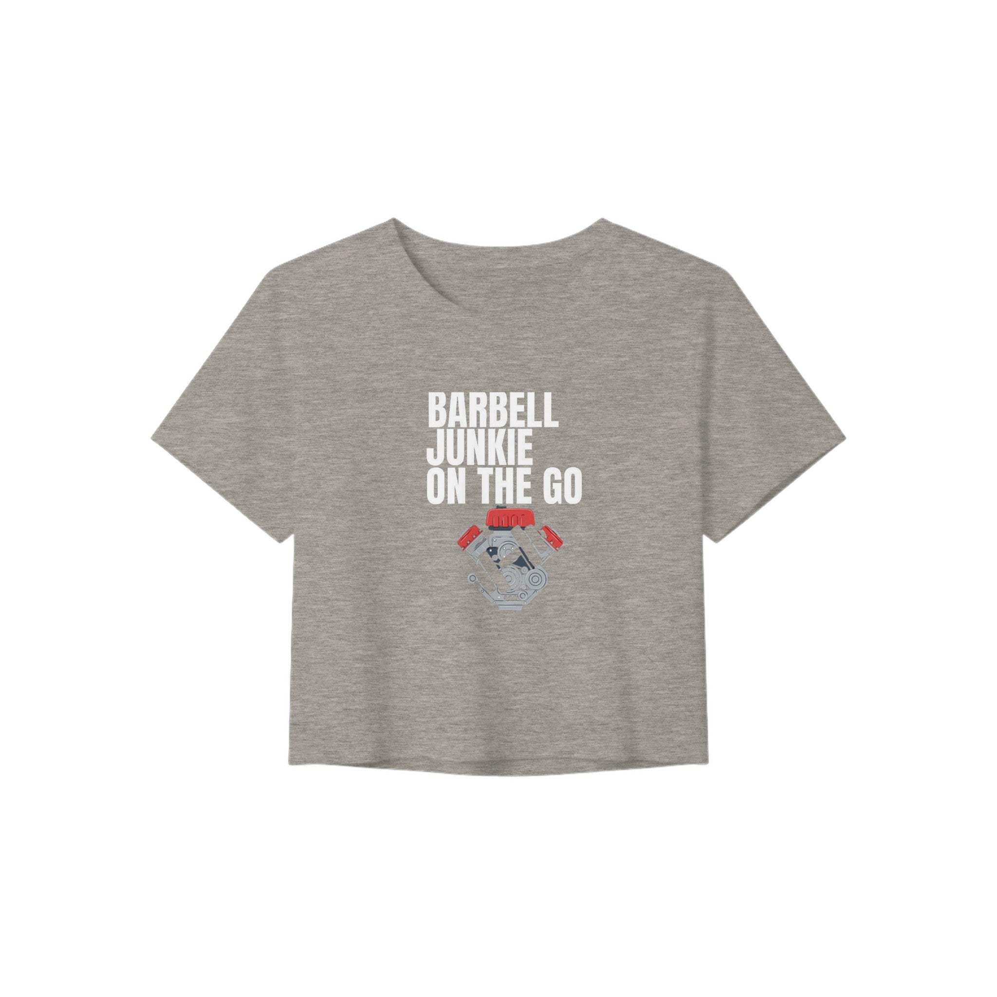 Barbell Junkie on the Go women's crop tee by Dumbbells & Hotels — road warrior gym apparel