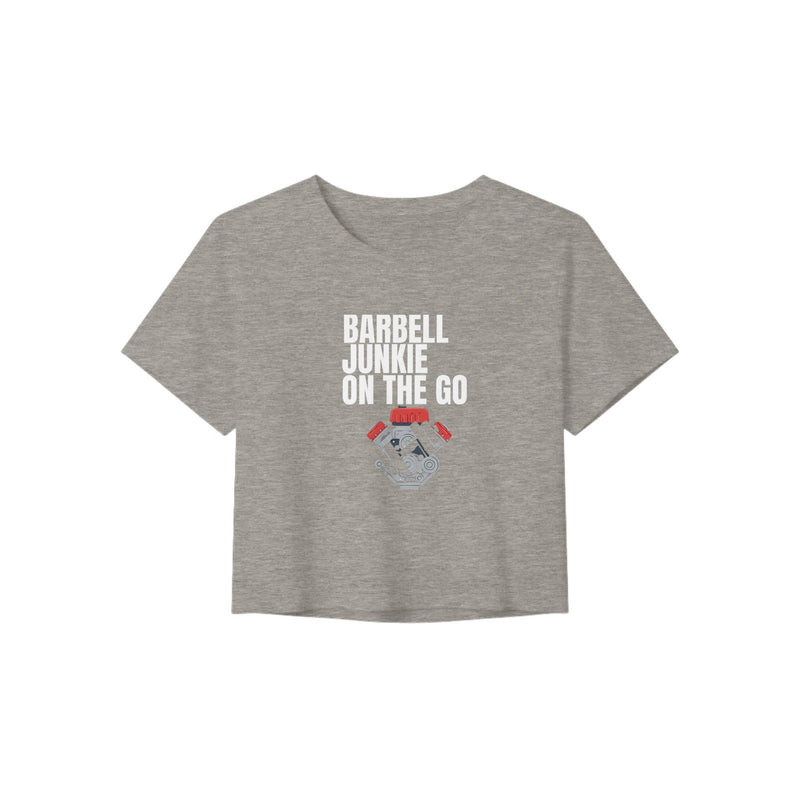 Barbell Junkie on the Go women's crop tee by Dumbbells & Hotels — road warrior gym apparel