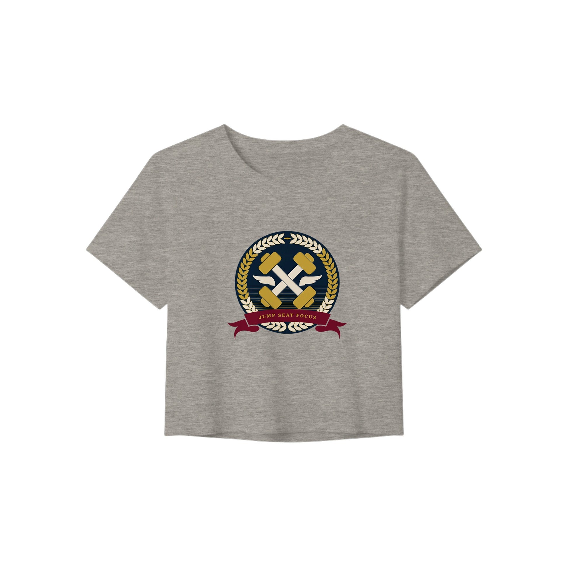 Dumbbells & Hotels women's crop tee with the Jump Seat Focus crest (gold laurel ring, crossed dumbbells over aviator wings, burgundy ribbon) - product shot 1 of 8