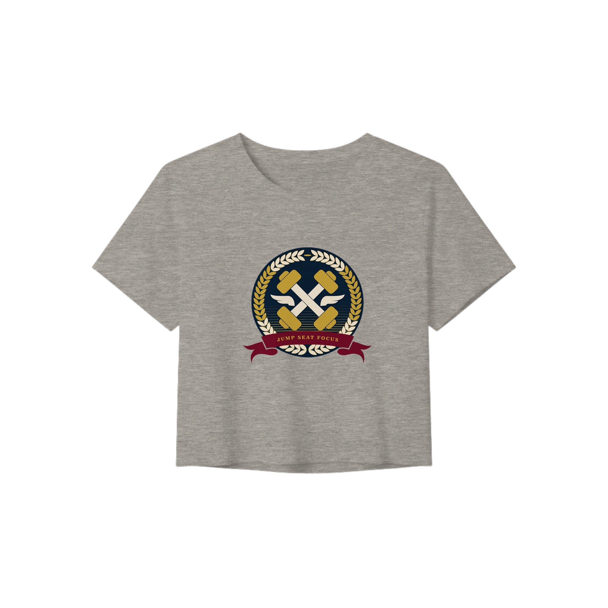 Dumbbells & Hotels women's crop tee with the Jump Seat Focus crest (gold laurel ring, crossed dumbbells over aviator wings, burgundy ribbon) - product shot 1 of 8