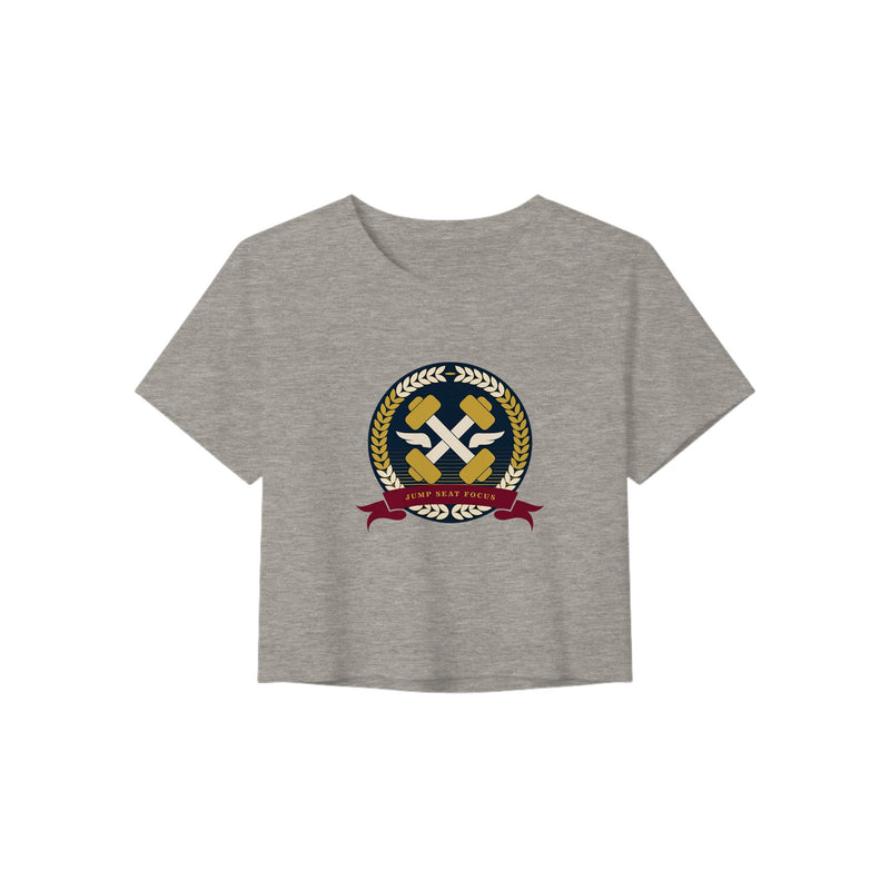 Dumbbells & Hotels women's crop tee with the Jump Seat Focus crest (gold laurel ring, crossed dumbbells over aviator wings, burgundy ribbon) - product shot 1 of 8