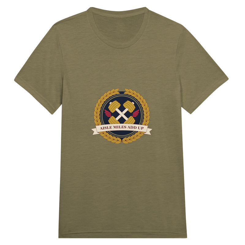 Aisle Miles Add Up frequent flyer travel tee, front view 4 — Dumbbells & Hotels