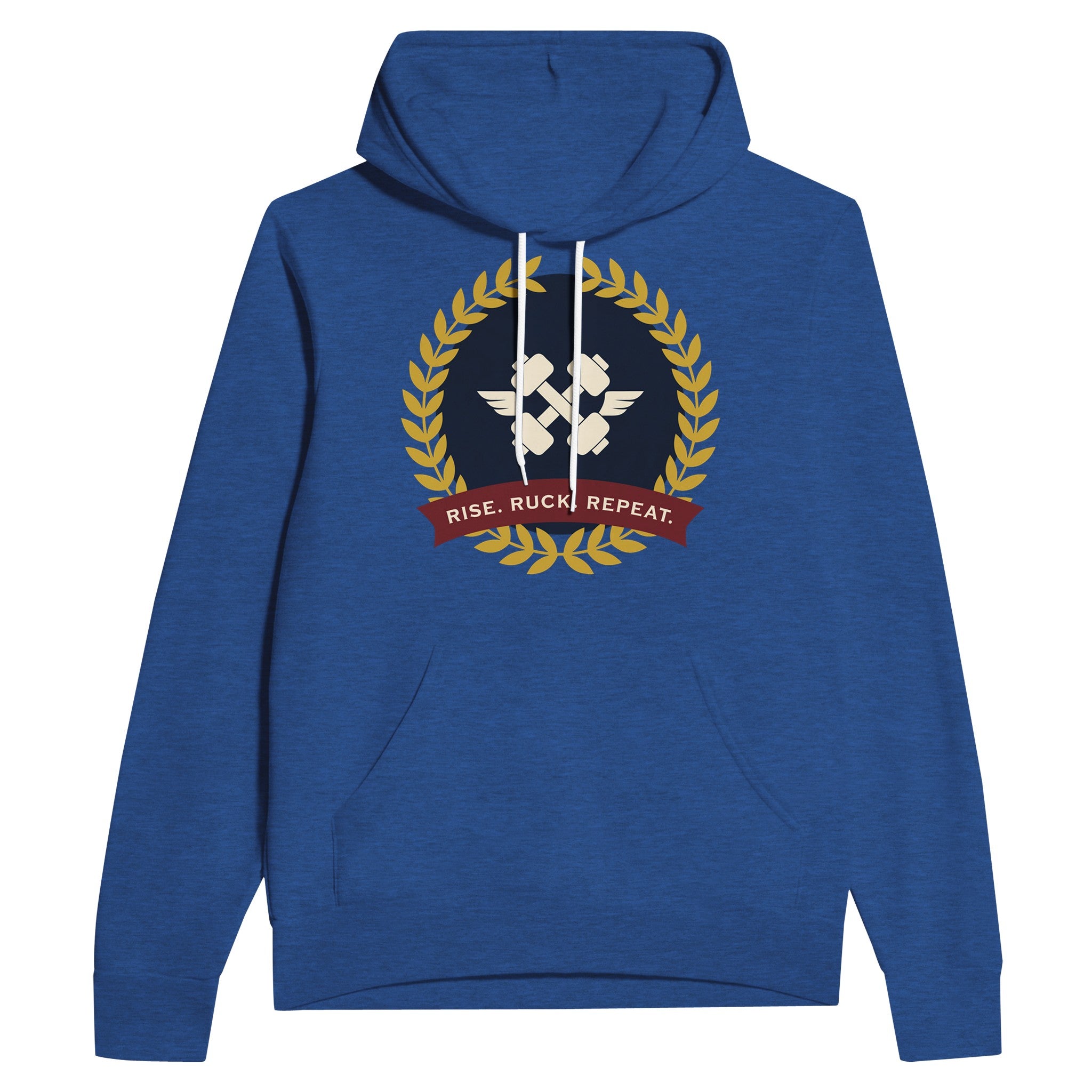 Rise. Ruck. Repeat. unisex pullover hoodie in Heather True Royal — packable travel training apparel from Dumbbells & Hotels