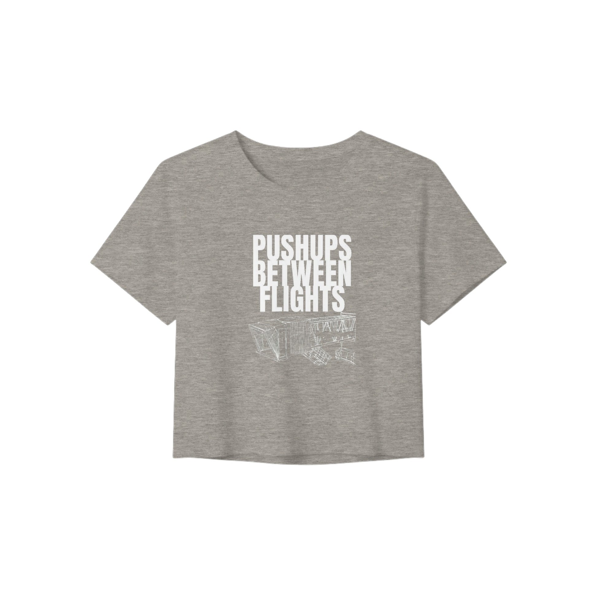 women's flowy travel crop tee with white Pushups Between Flights jet-bridge print — Dumbbells & Hotels